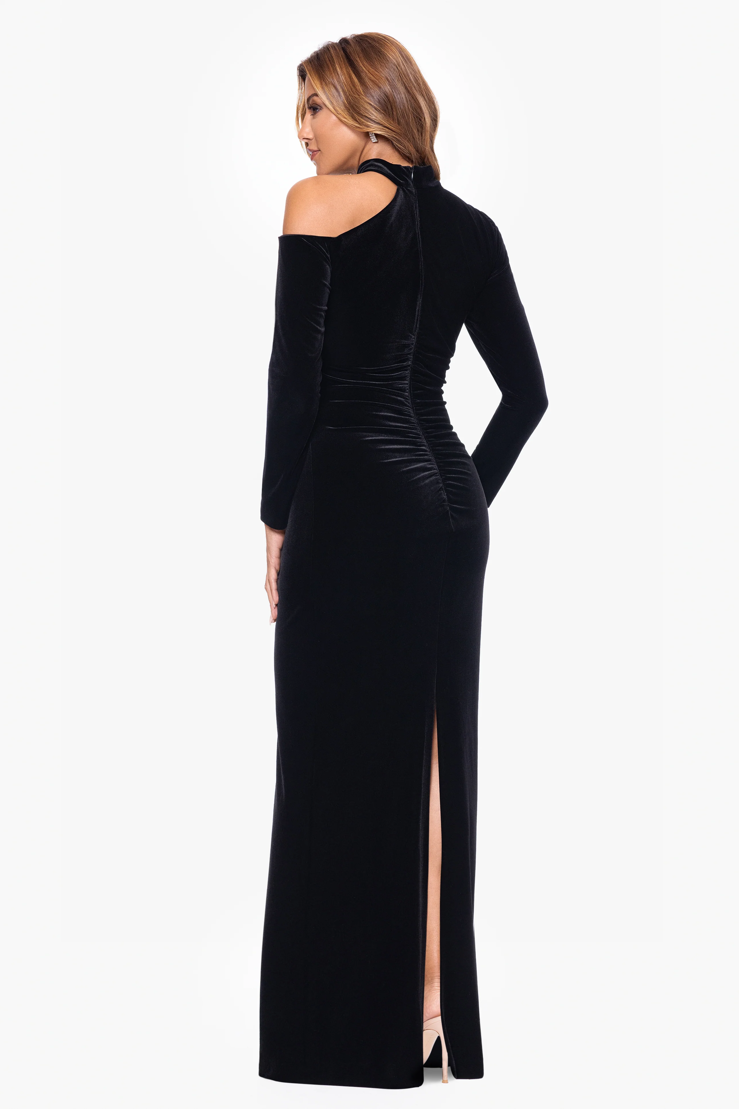 "Julia" Long Velvet Cut Out Shoulder Dress - Image 3