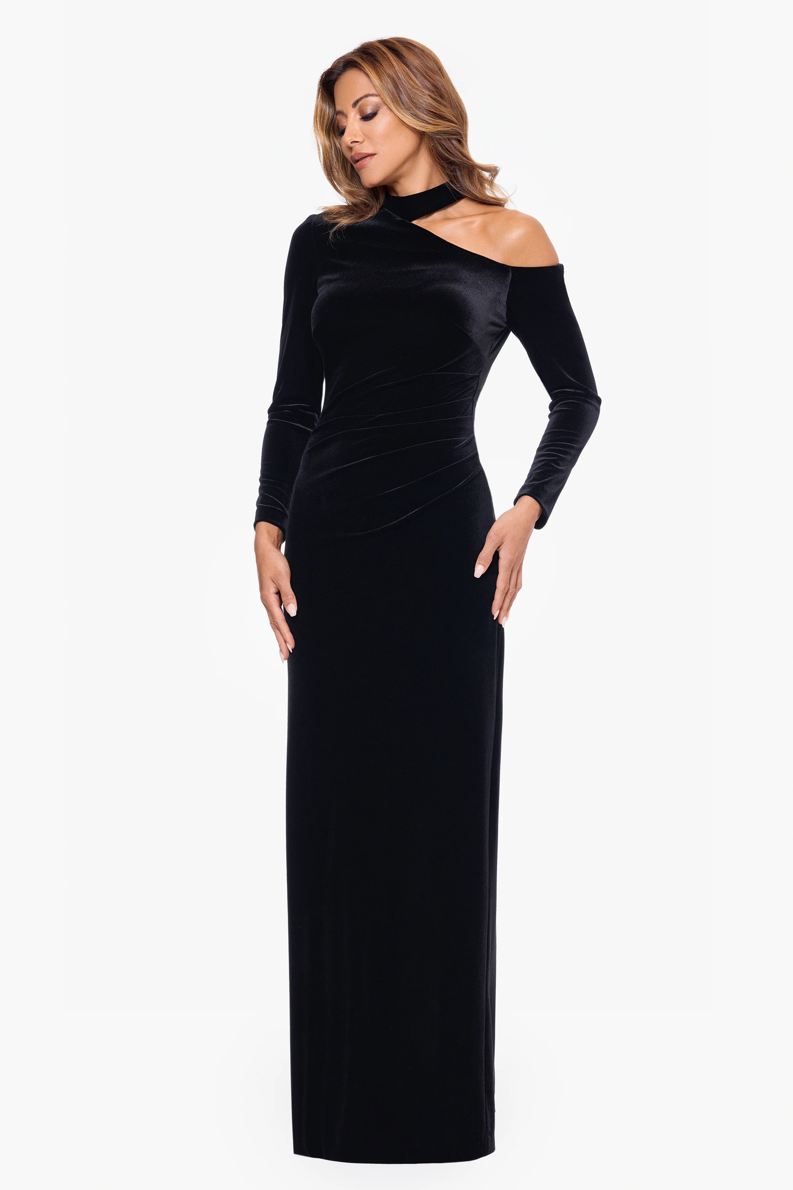 "Julia" Long Velvet Cut Out Shoulder Dress - Image 4
