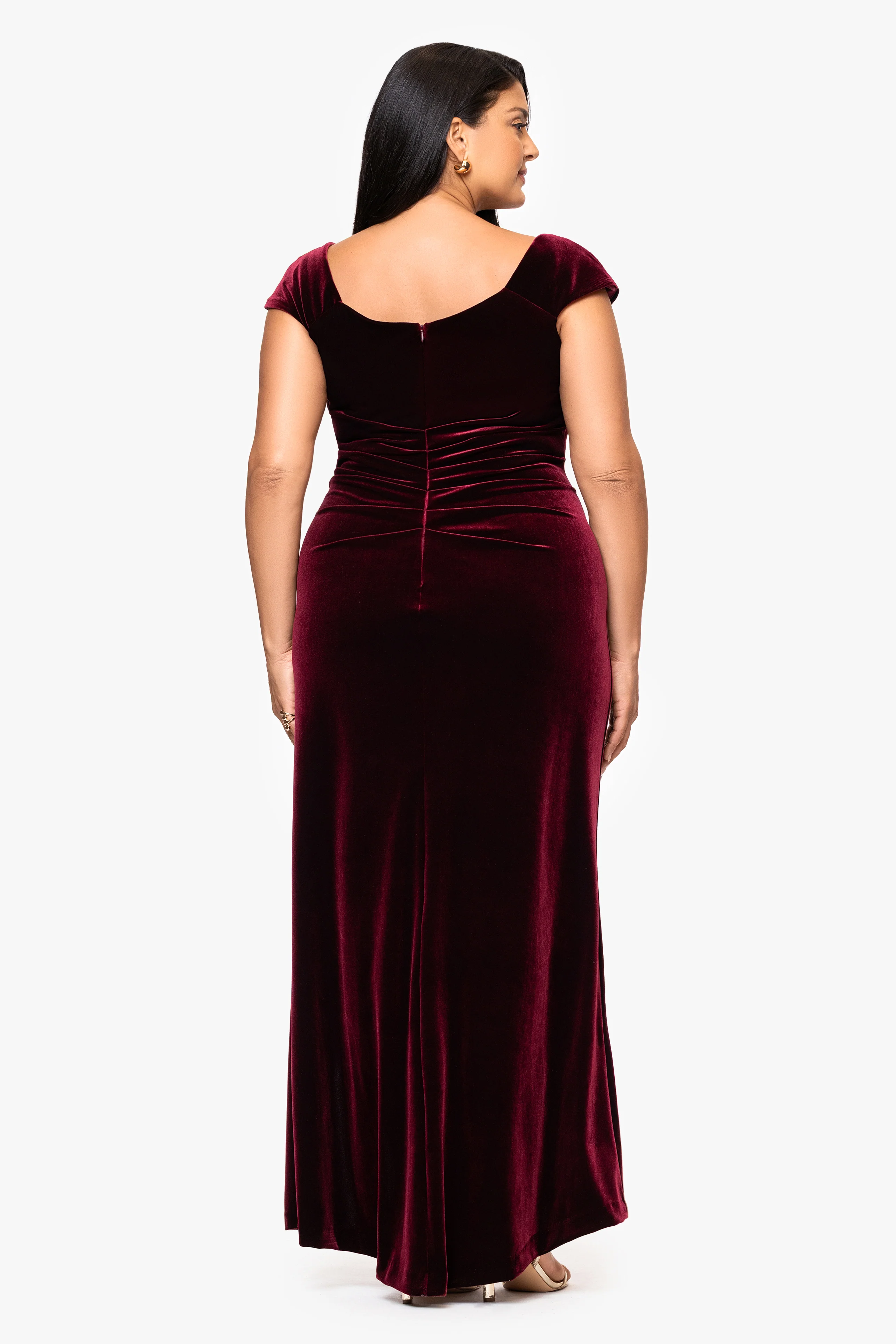 Plus "Katrina" Velvet Asymmetrical Neckline Cap Sleeve Floor Length Dress - Image 3