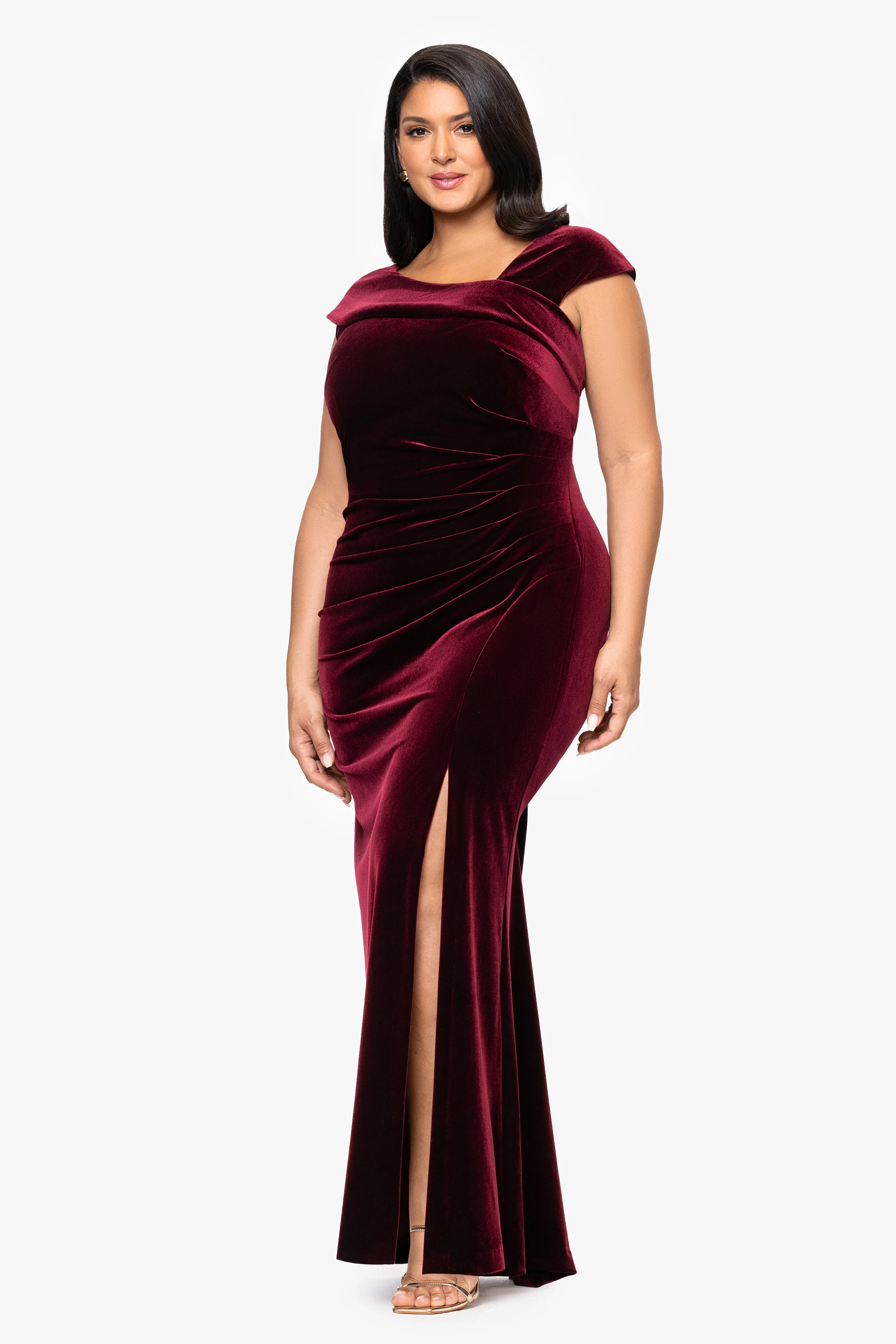 Plus "Katrina" Velvet Asymmetrical Neckline Cap Sleeve Floor Length Dress - Image 4