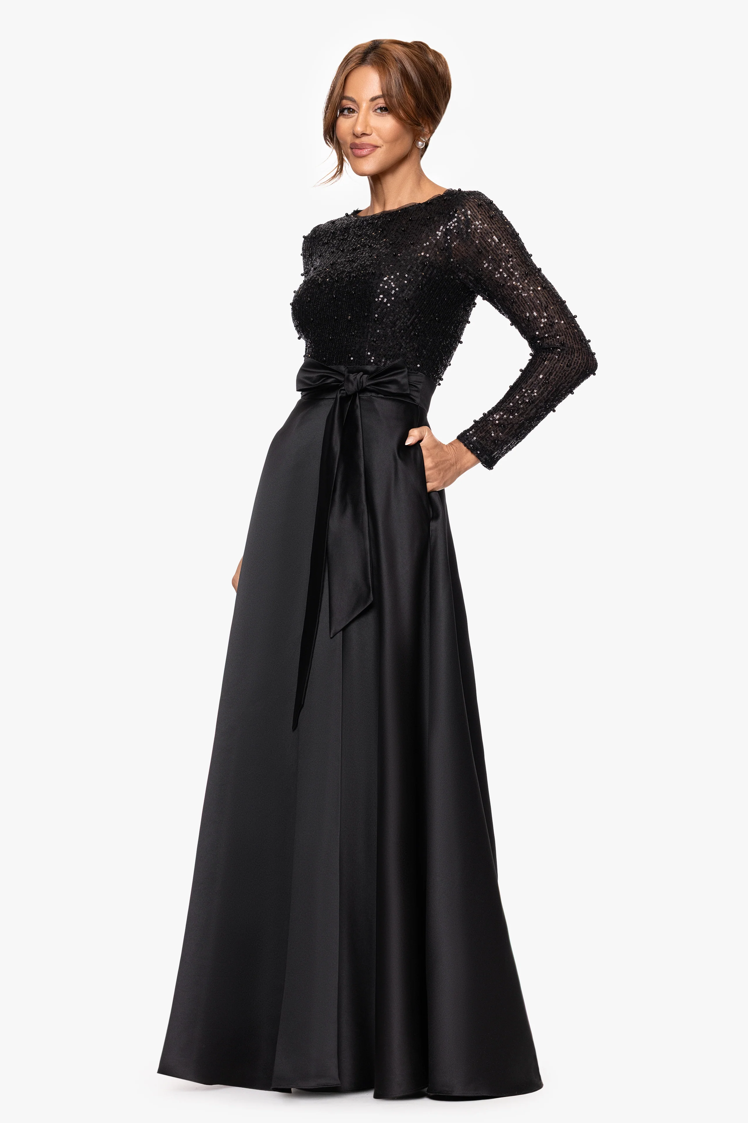 "Isabel" Satin Skirt and Sequin Bodice Long Sleeve Floor Length Dress - Image 4