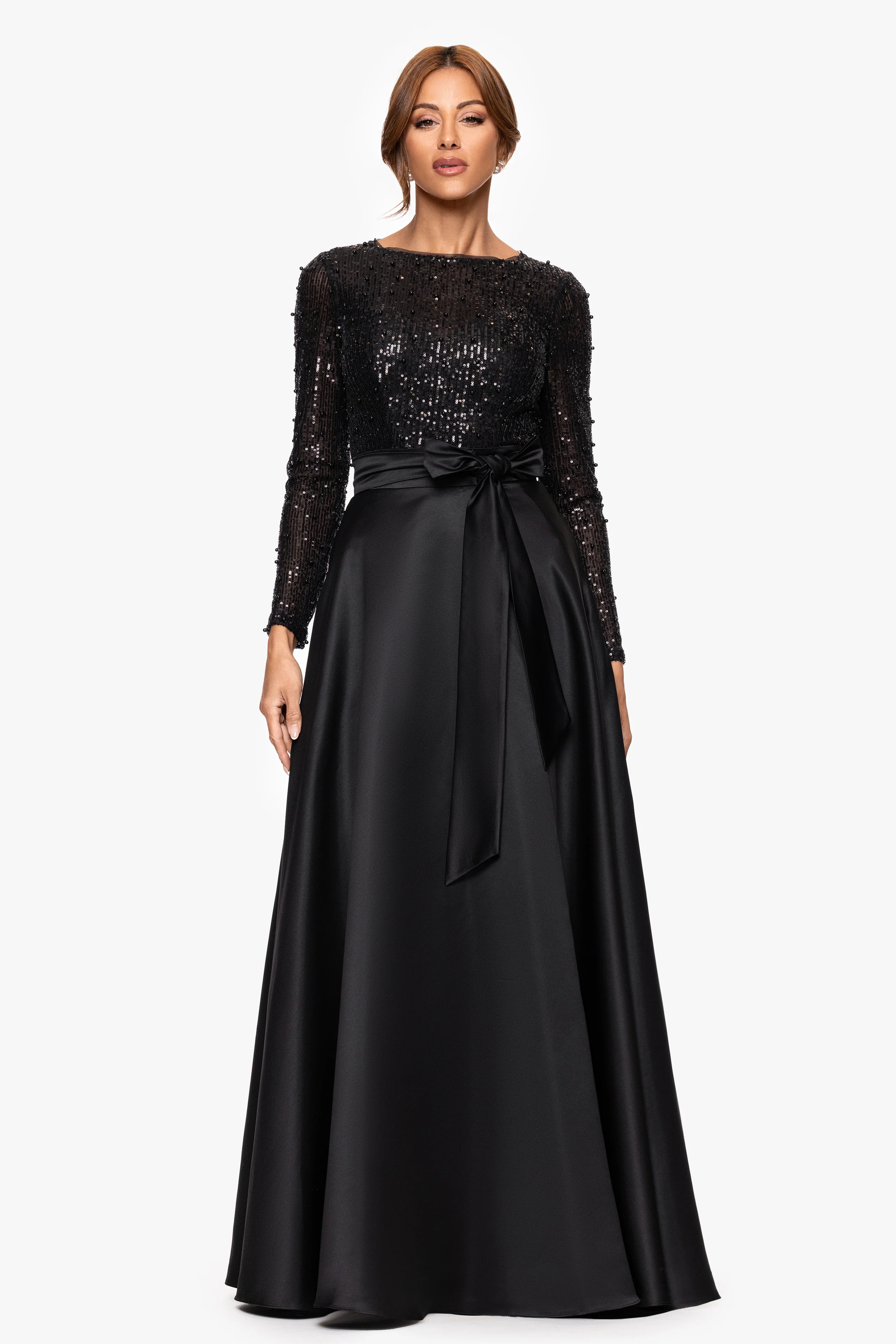"Isabel" Satin Skirt and Sequin Bodice Long Sleeve Floor Length Dress - Image 5
