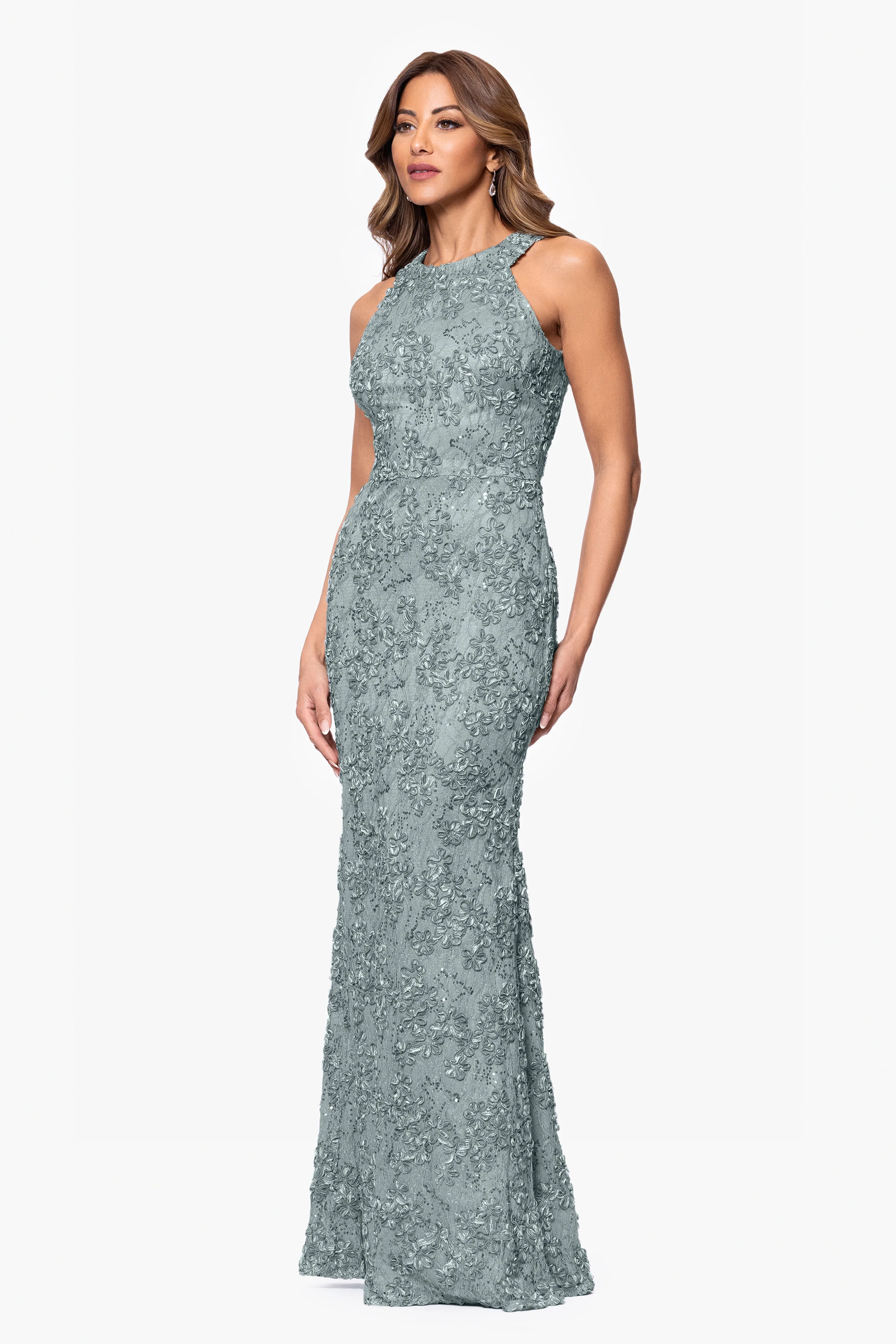 "Andrea" Halter Neck Soutache Lace Floor Length Dress - Image 4