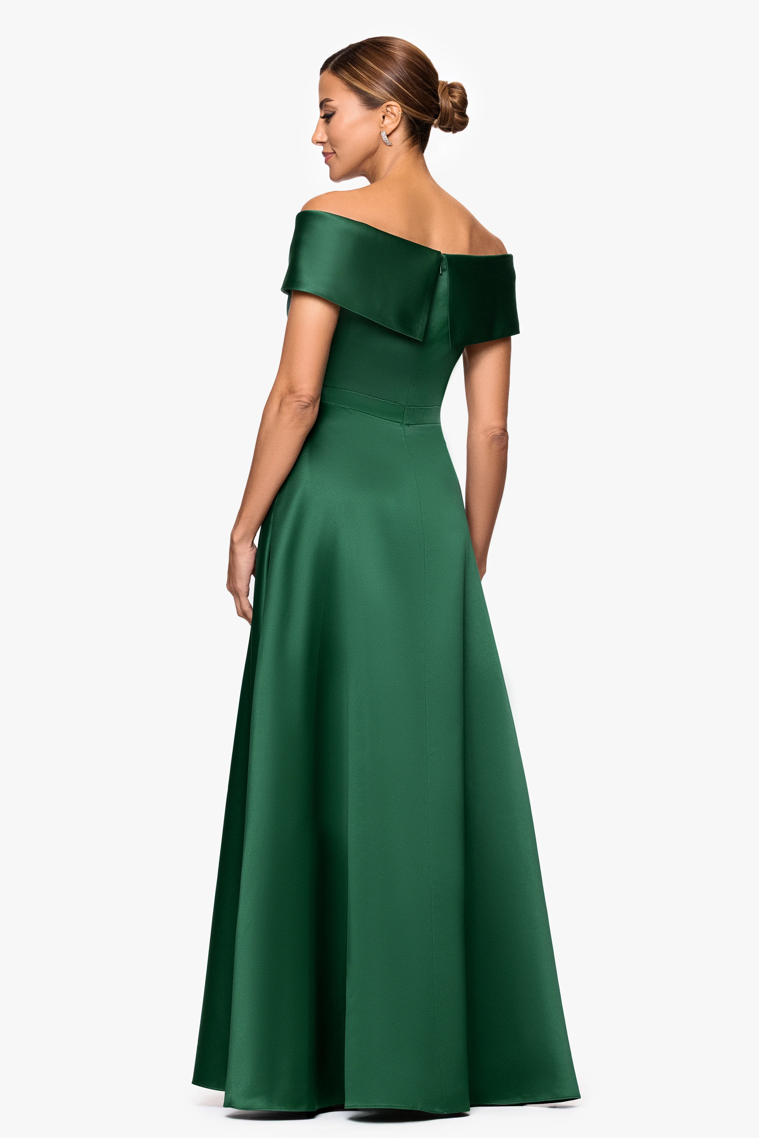 "Aria" Off the Shoulder Long Satin Front Slit Dress - Image 3