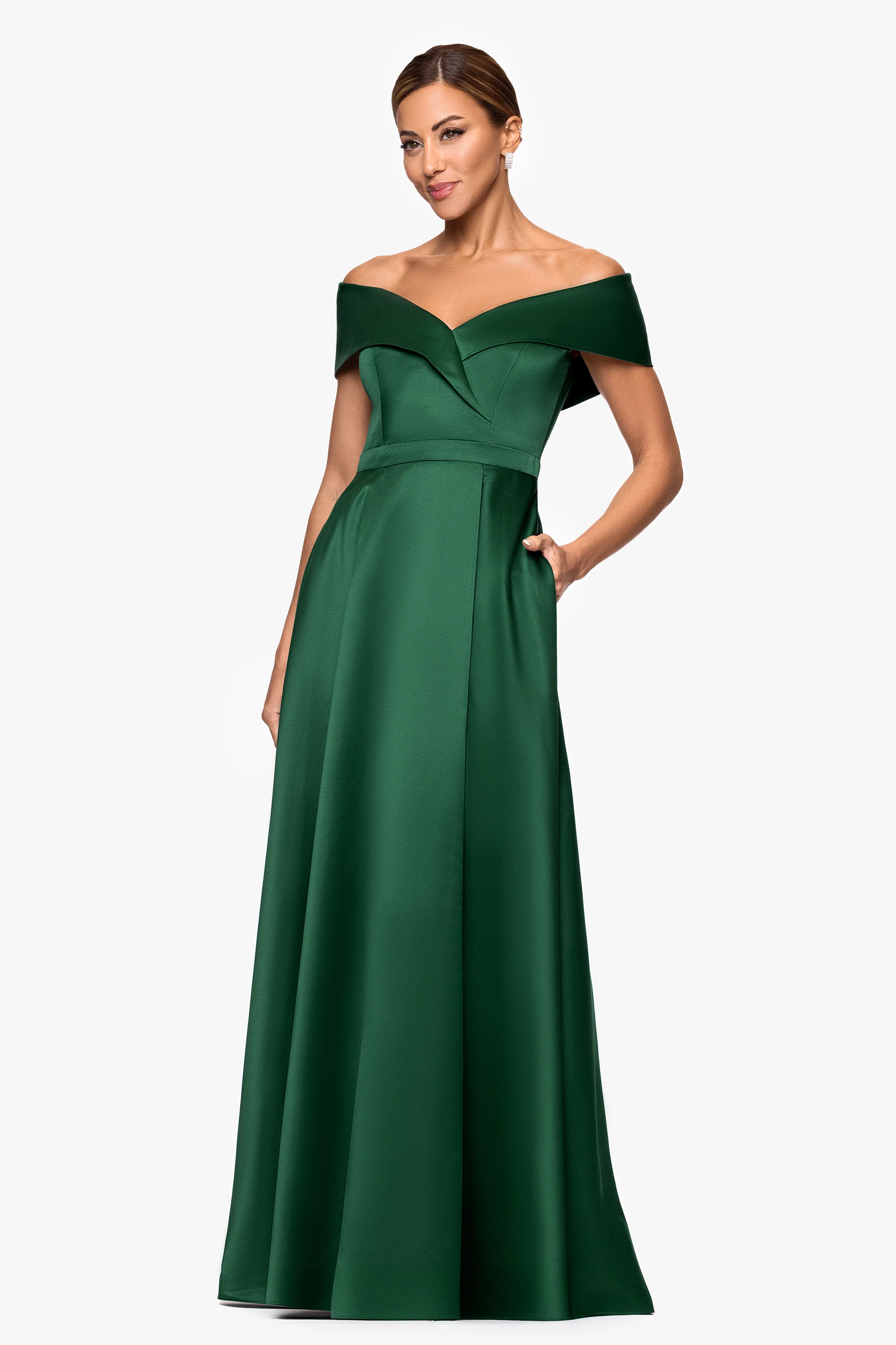 "Aria" Off the Shoulder Long Satin Front Slit Dress - Image 4