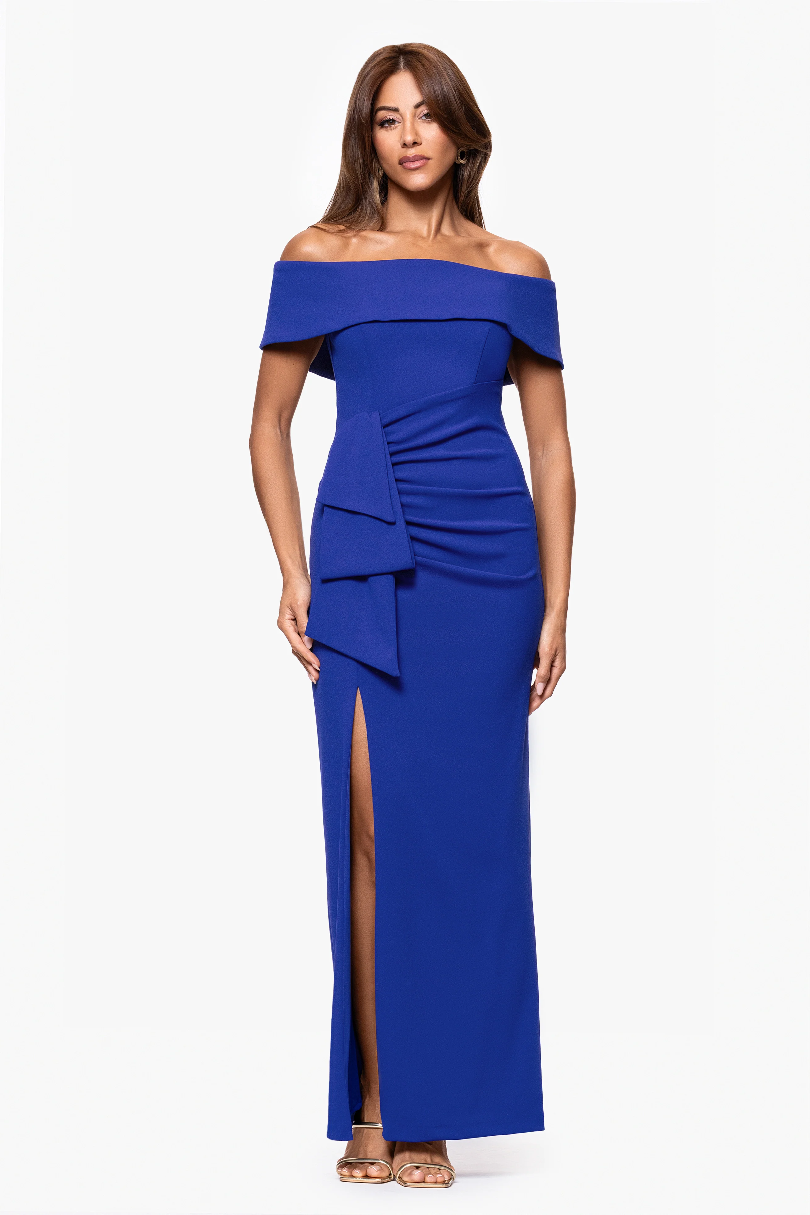 "Camila" Long Off the Shoulder Scuba Crepe Dress - Image 5