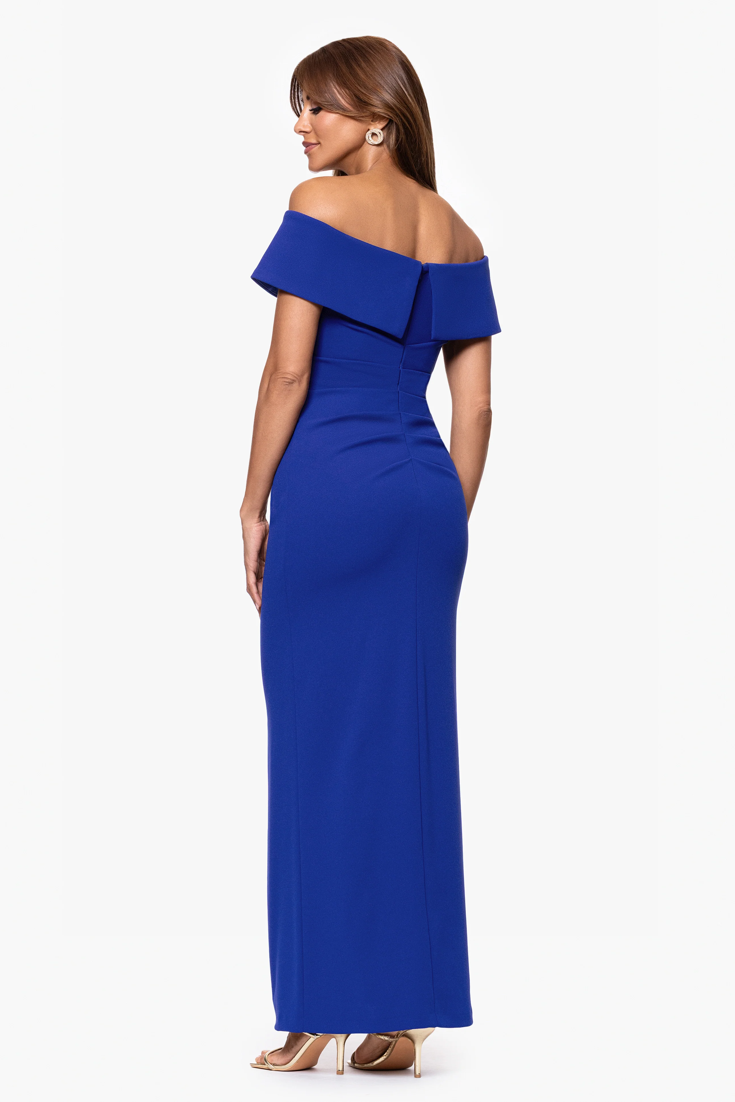 "Camila" Long Off the Shoulder Scuba Crepe Dress - Image 3