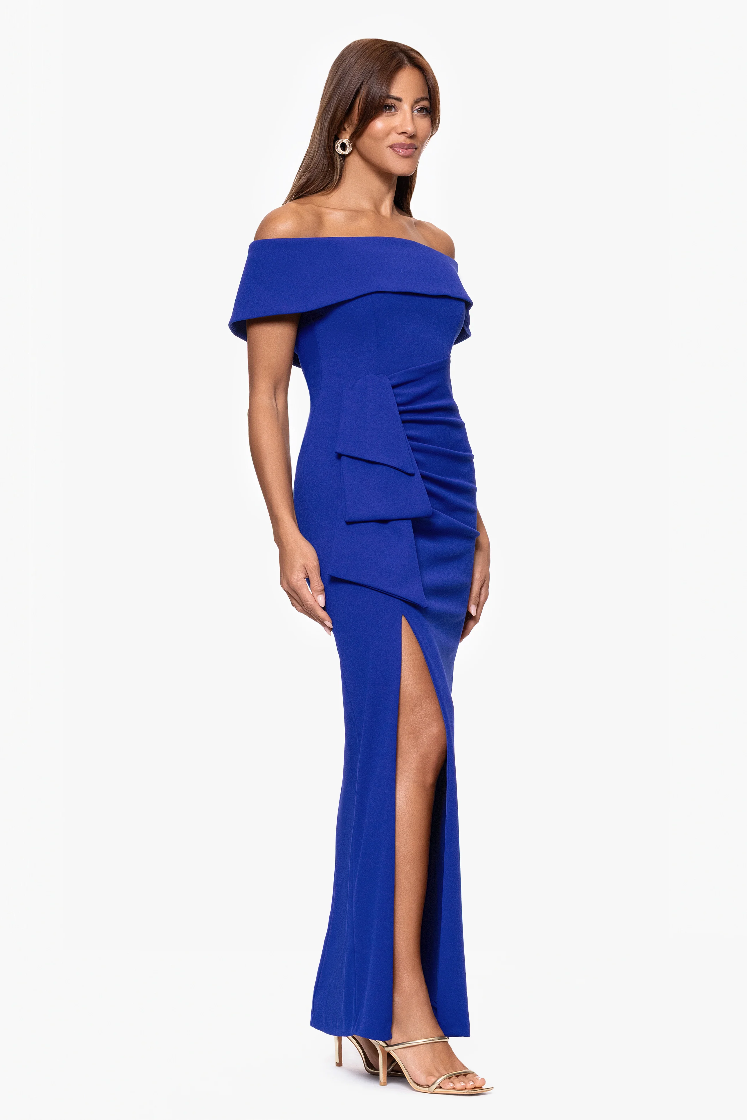 "Camila" Long Off the Shoulder Scuba Crepe Dress - Image 4