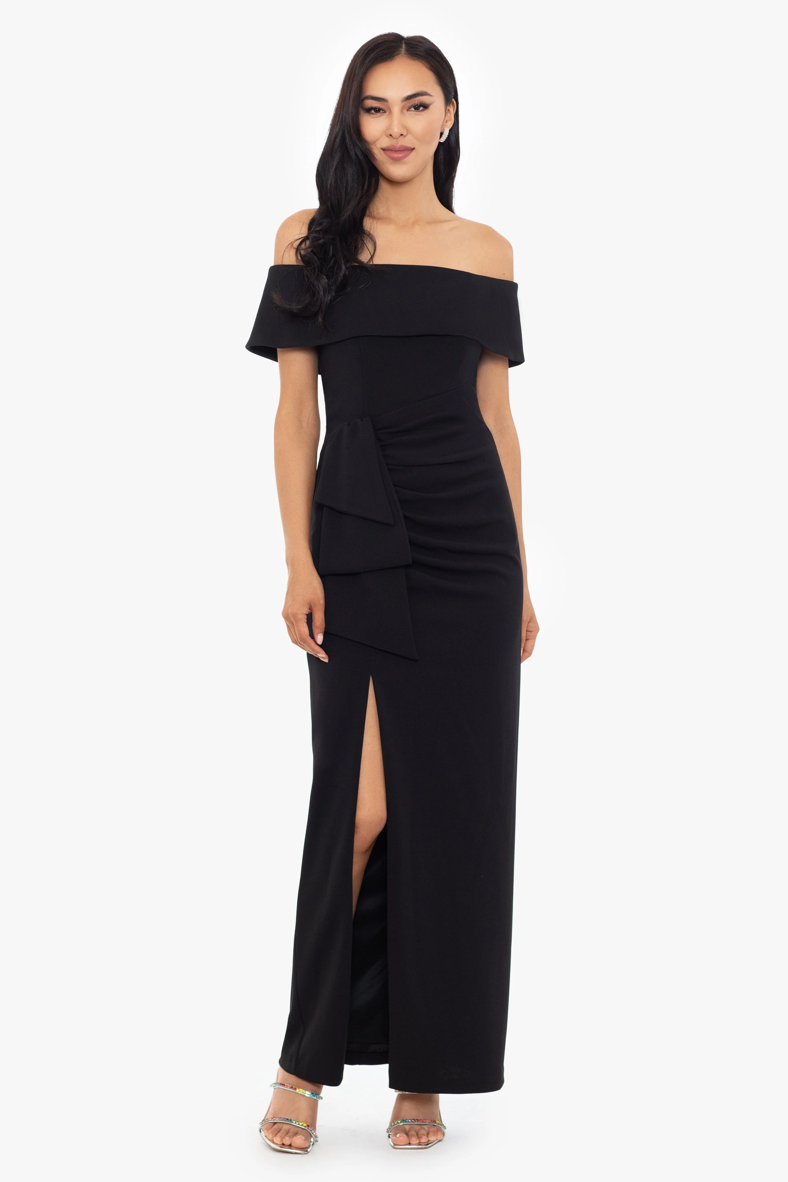 "Camila" Long Off the Shoulder Scuba Crepe Dress - Image 6