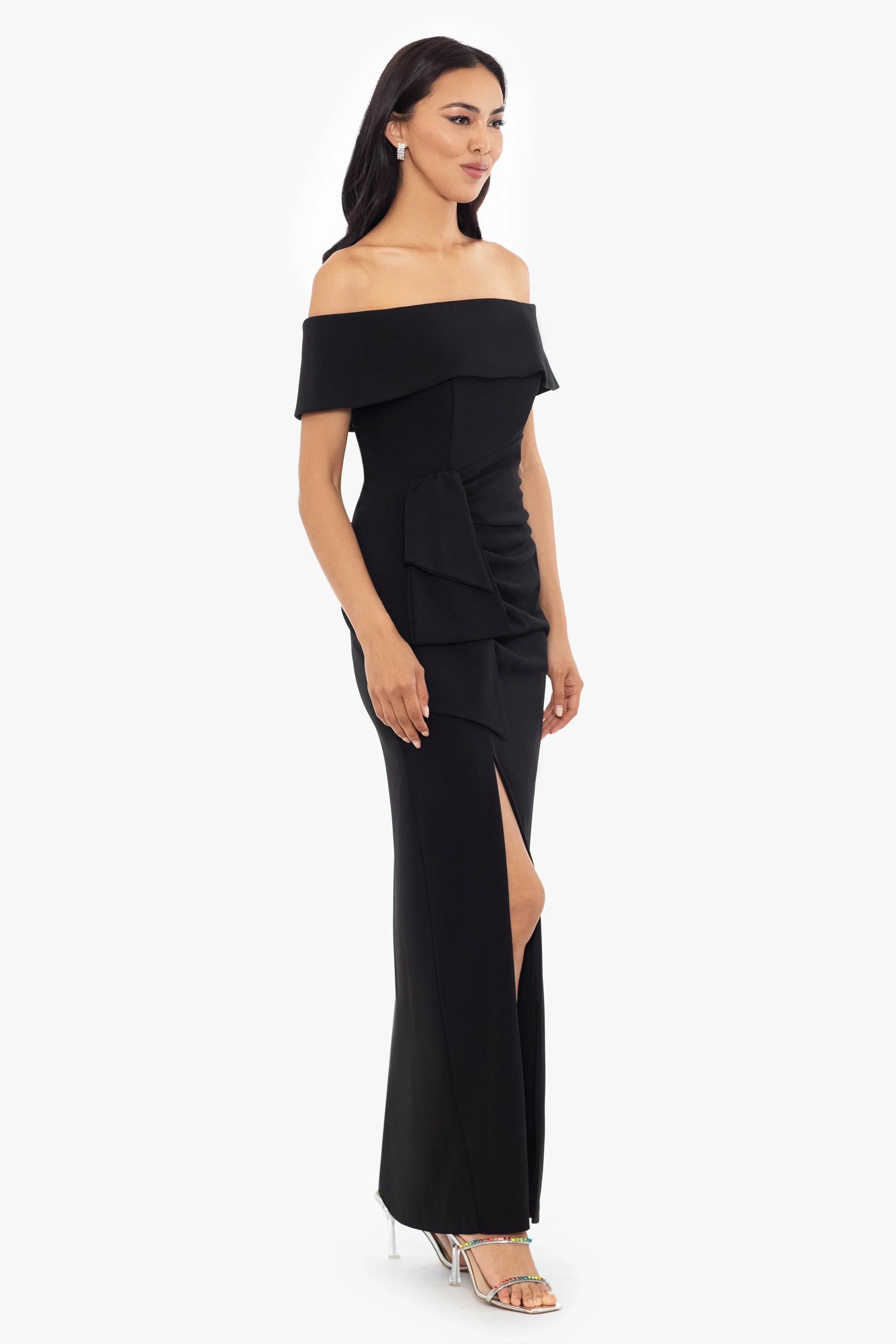 "Camila" Long Off the Shoulder Scuba Crepe Dress - Image 9