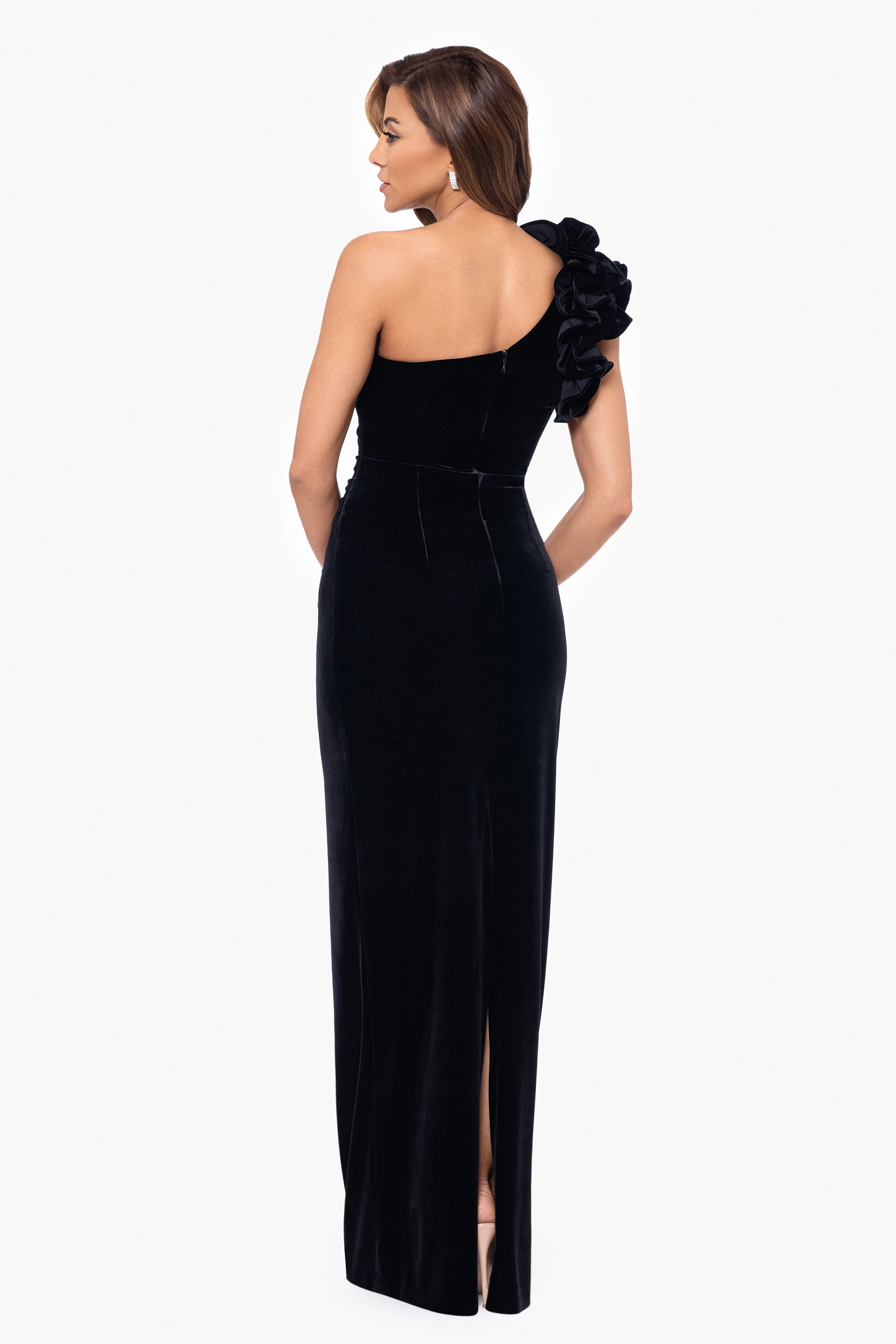 "Connie" Long One Shoulder Ruffle Velvet Dress - Image 3