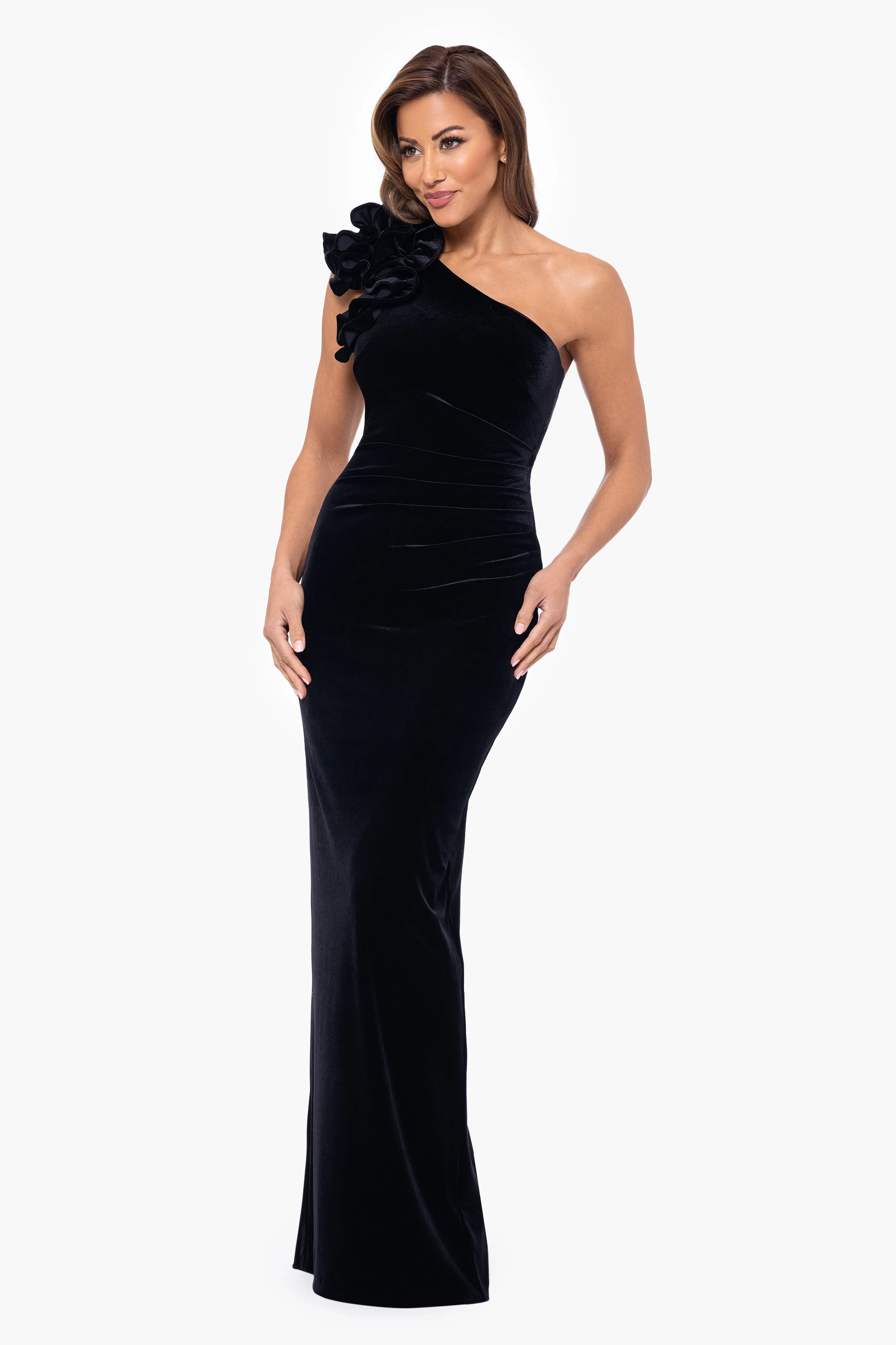 "Connie" Long One Shoulder Ruffle Velvet Dress - Image 4