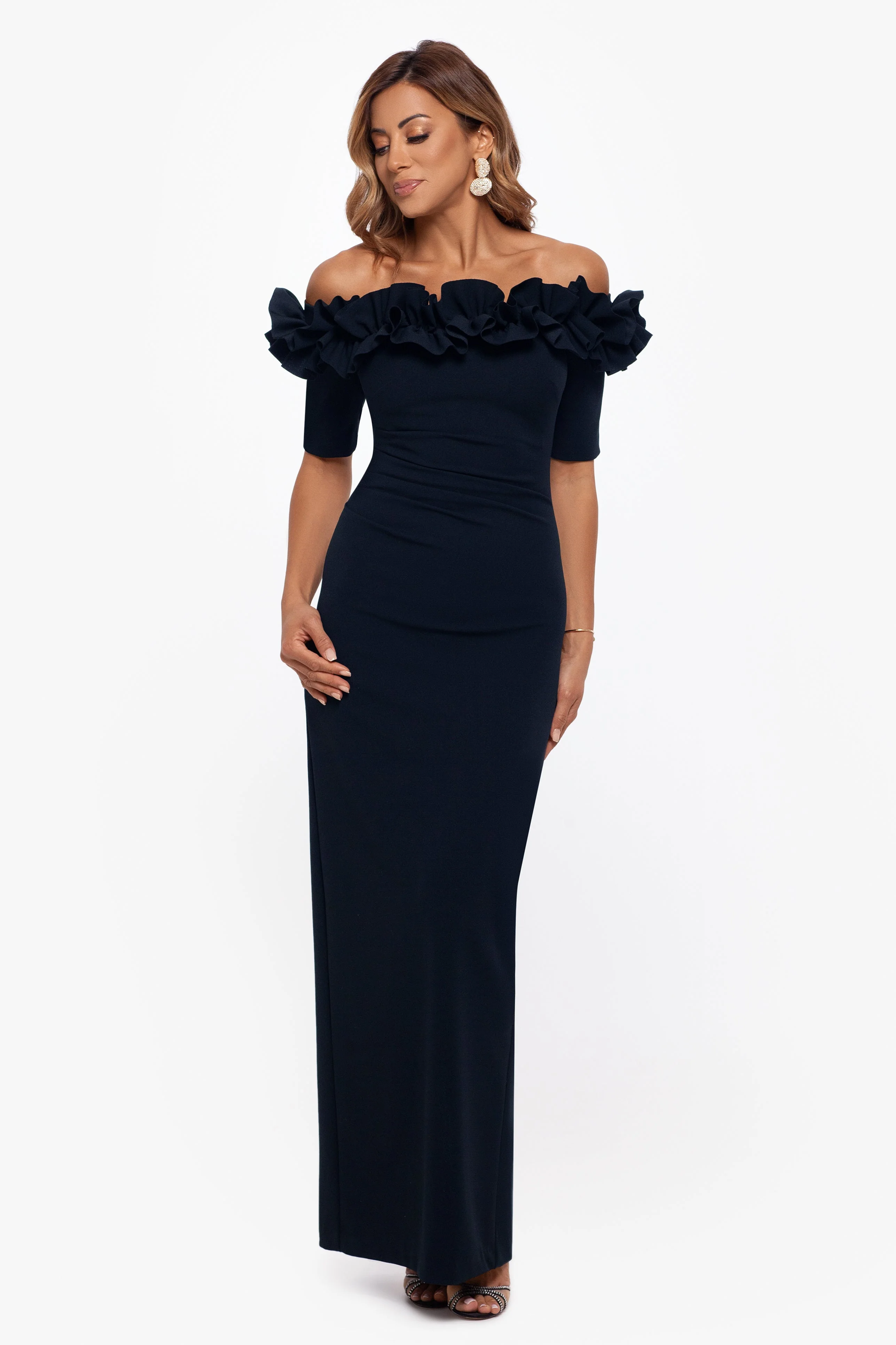 Petite "Isla" Long Scuba Crepe Off the Shoulder Ruffle Top Dress - Image 3
