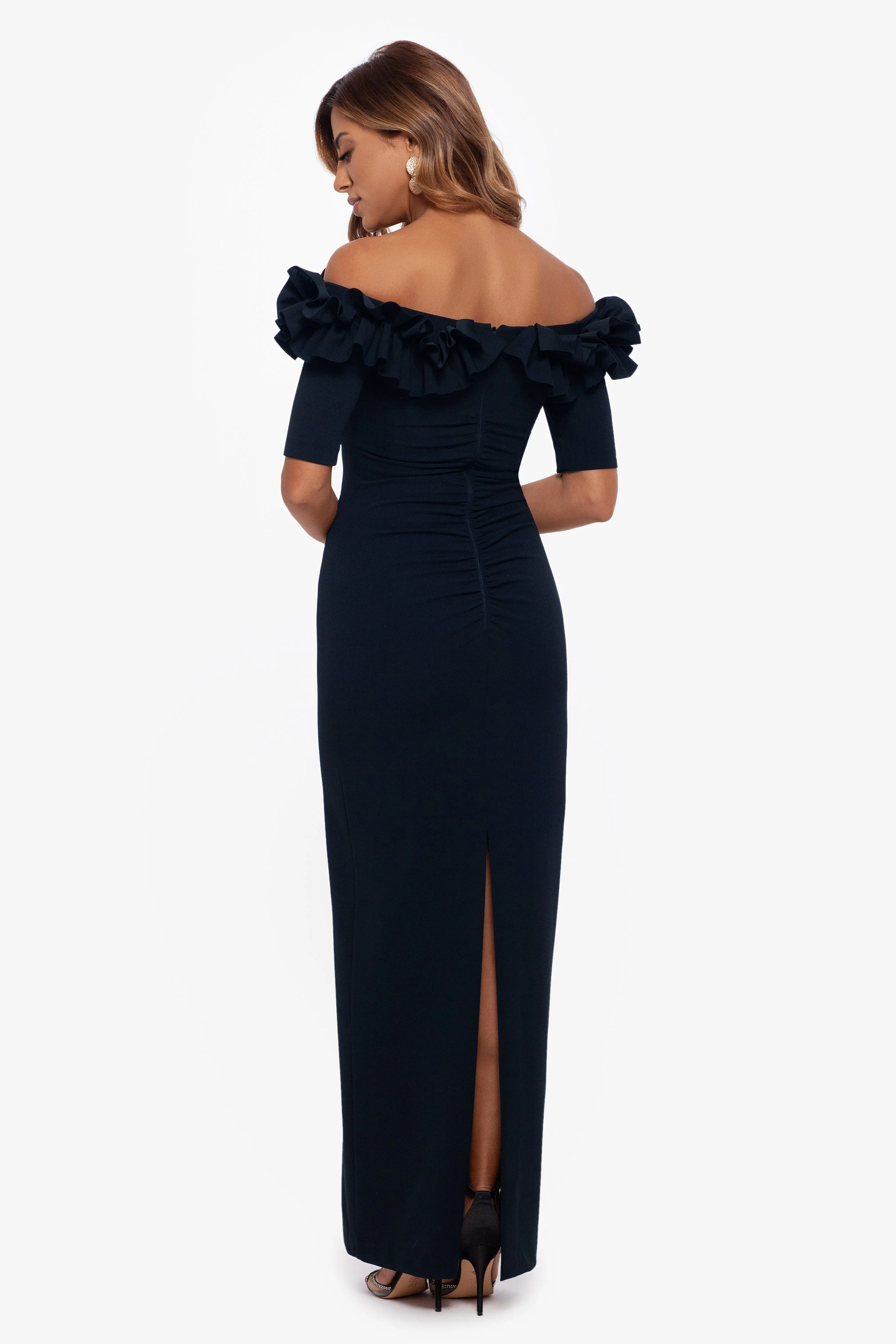 Petite "Isla" Long Scuba Crepe Off the Shoulder Ruffle Top Dress - Image 4