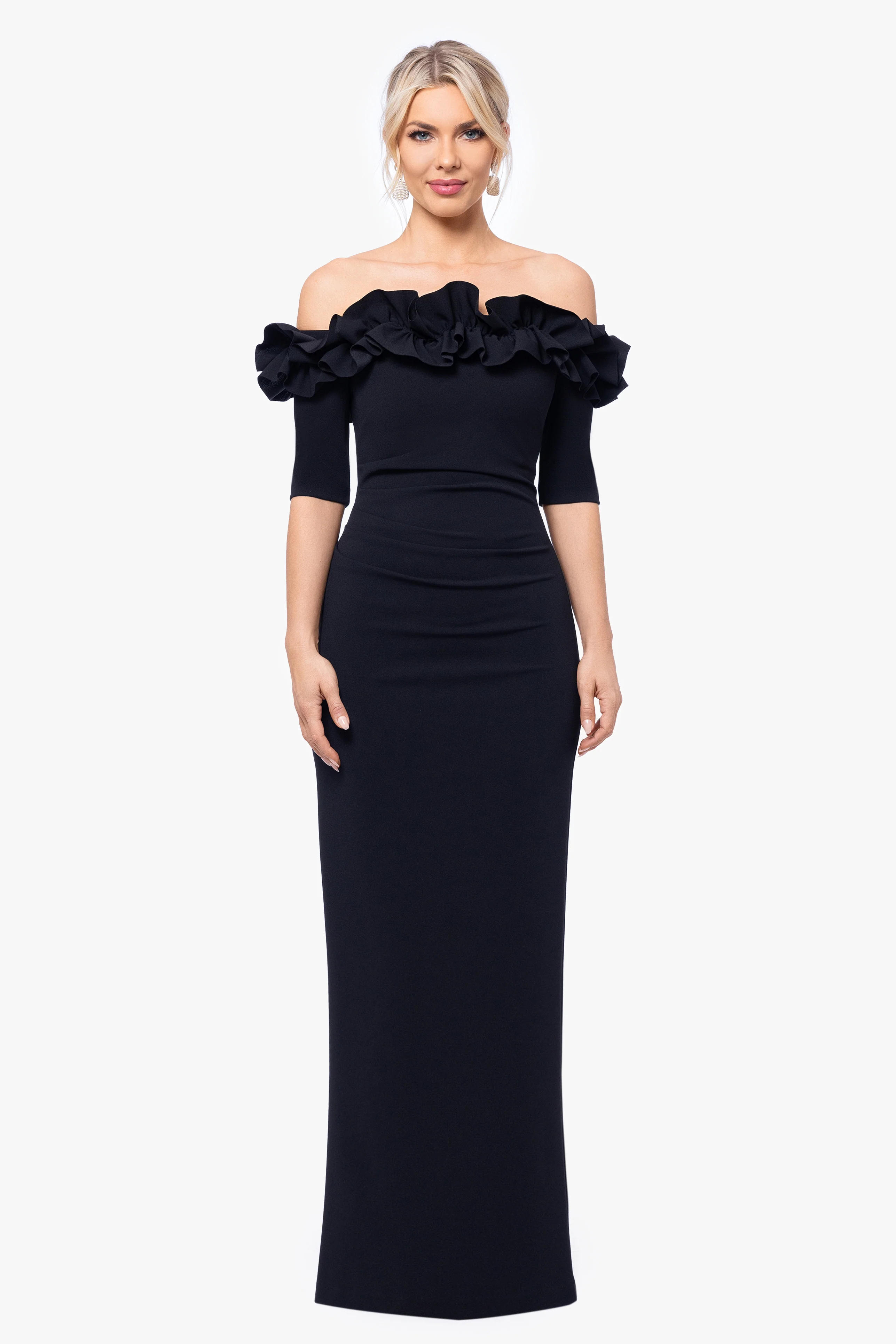 Petite "Isla" Long Scuba Crepe Off the Shoulder Ruffle Top Dress - Image 5