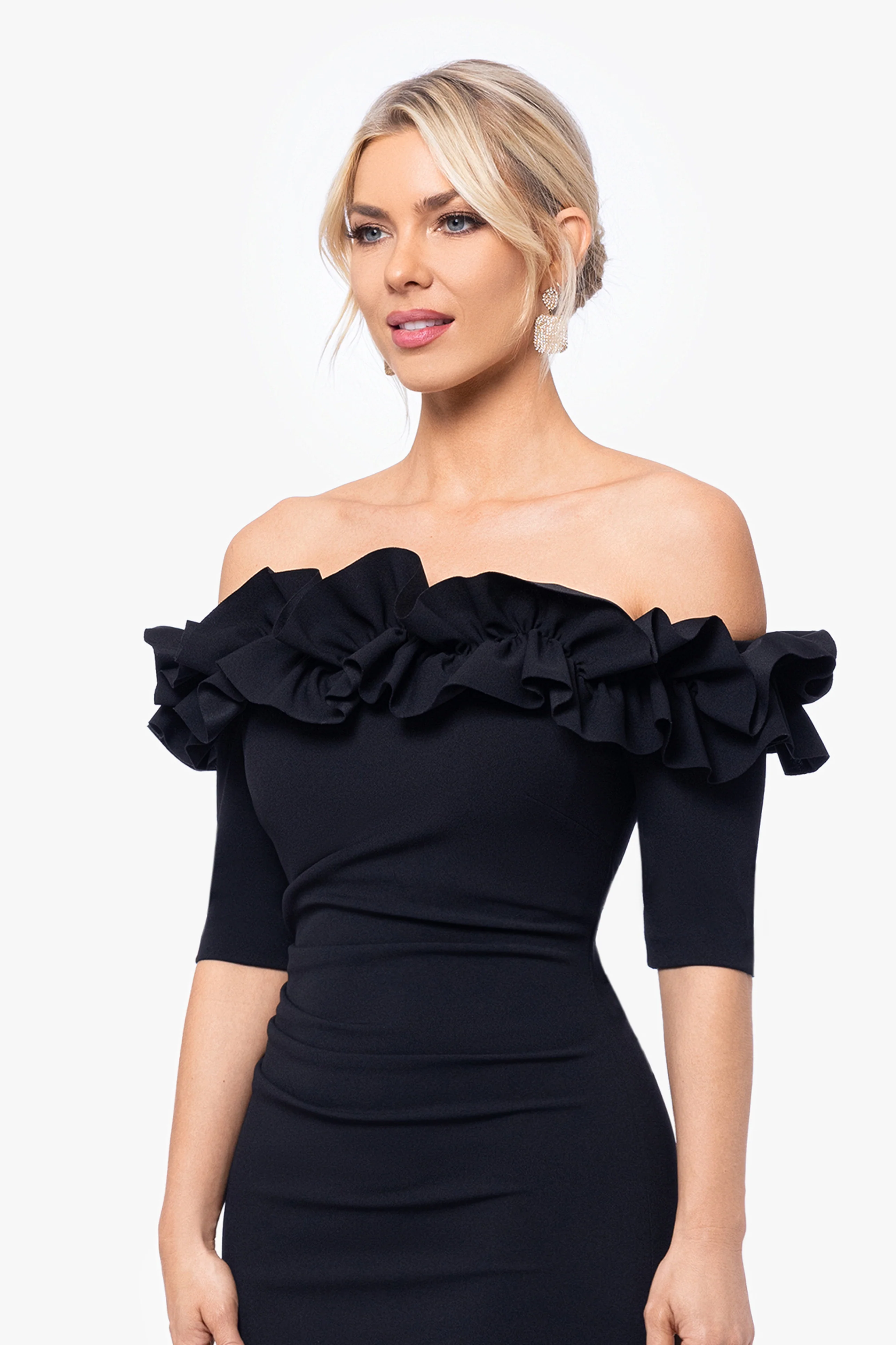 Petite "Isla" Long Scuba Crepe Off the Shoulder Ruffle Top Dress - Image 6