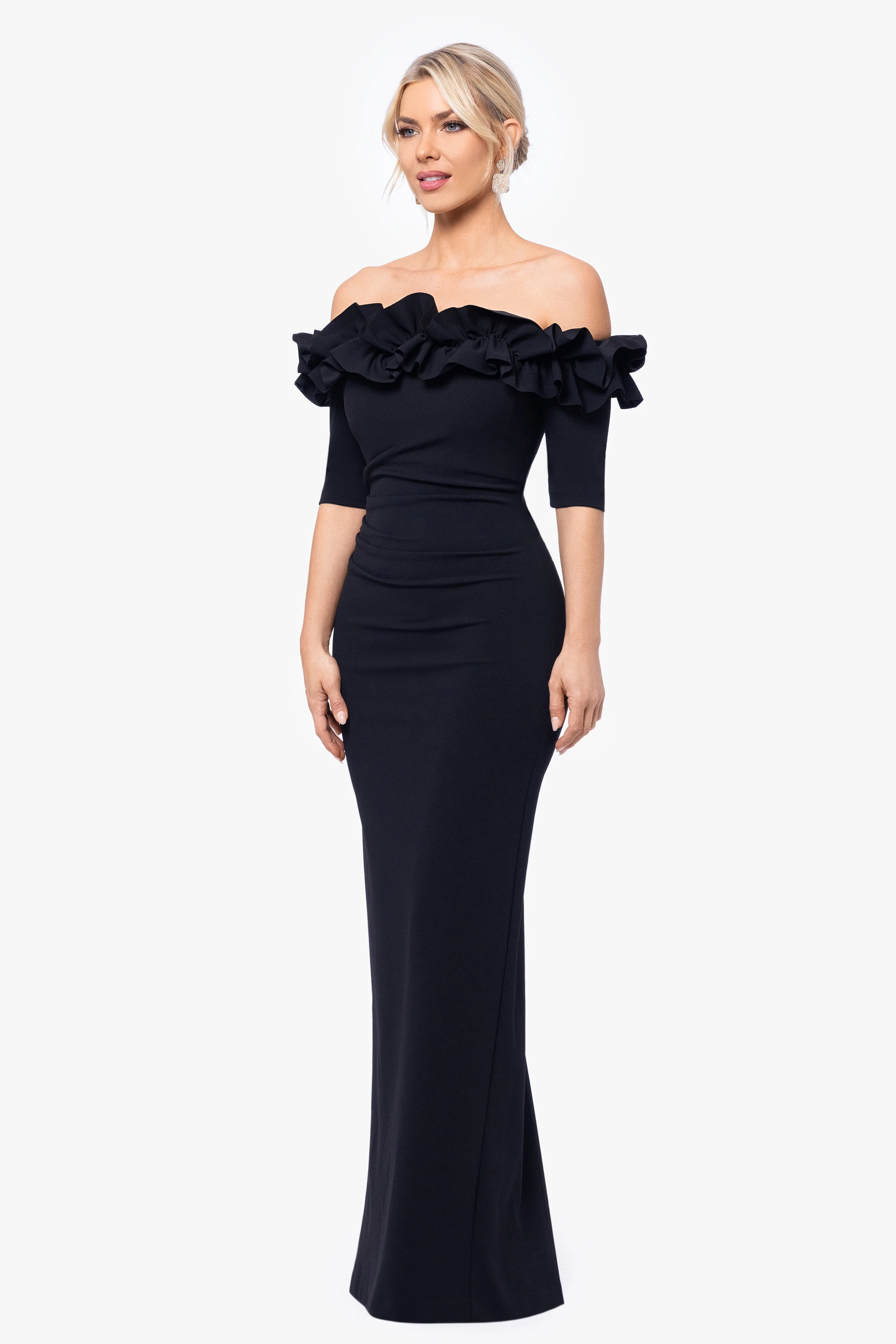 Petite "Isla" Long Scuba Crepe Off the Shoulder Ruffle Top Dress - Image 8