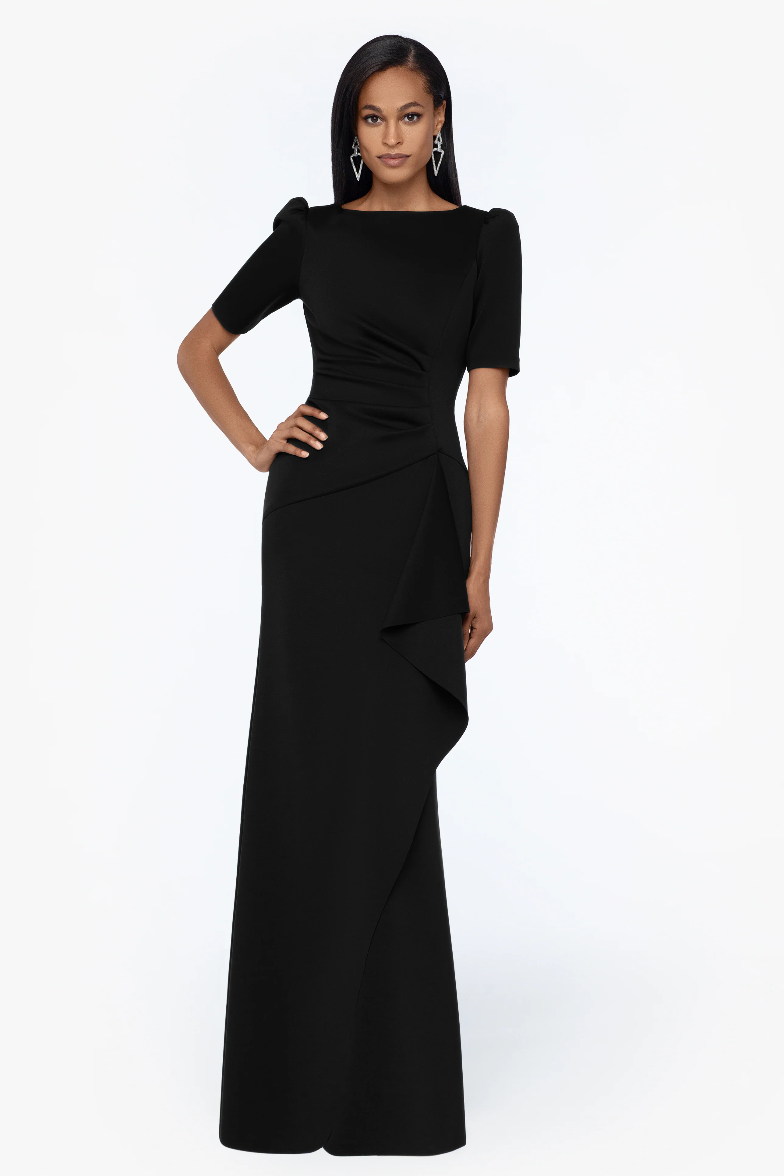 "Demi" Scuba Short Sleeve Side Ruched Floor Length Gown - Image 9