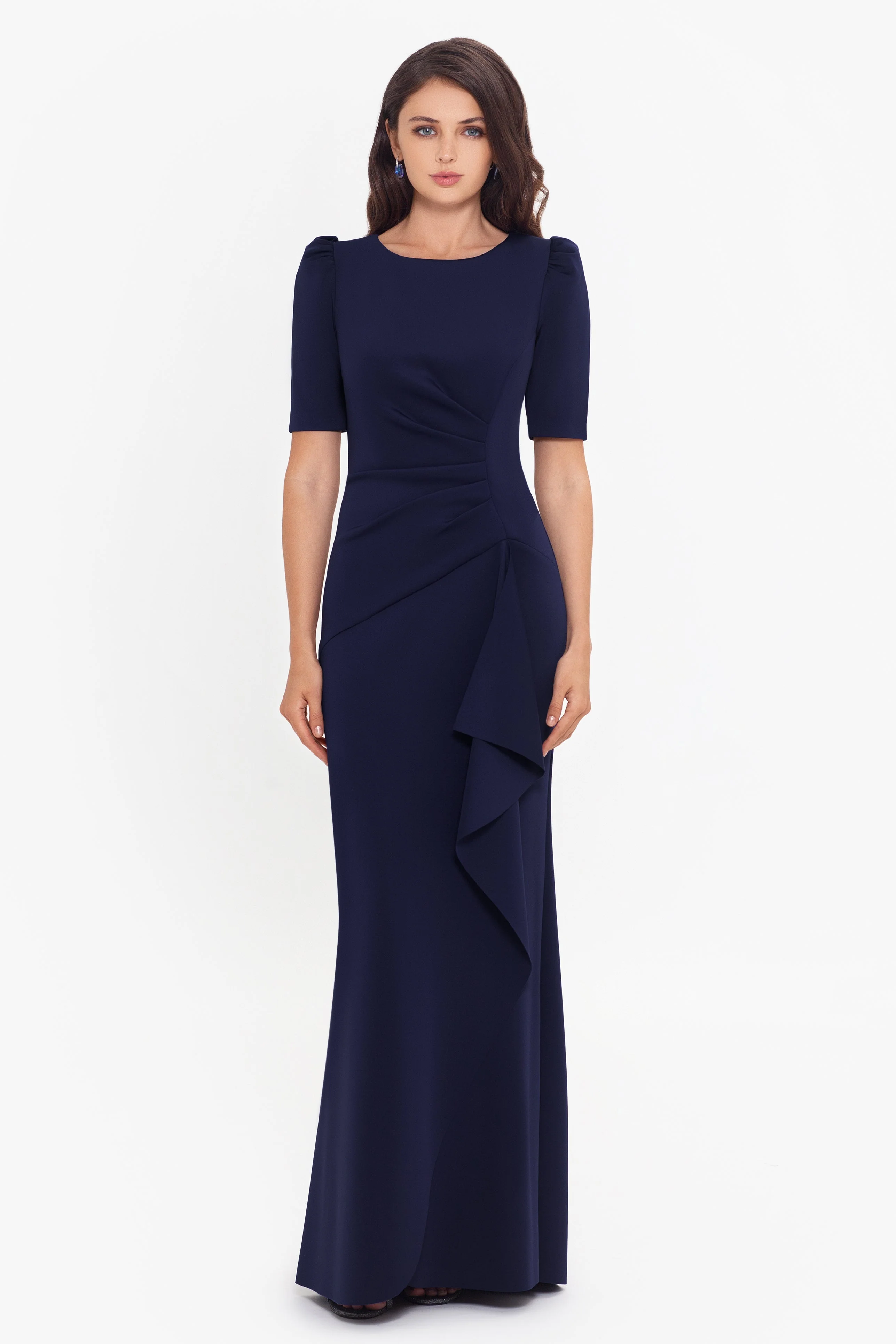 "Demi" Scuba Short Sleeve Side Ruched Floor Length Gown - Image 3