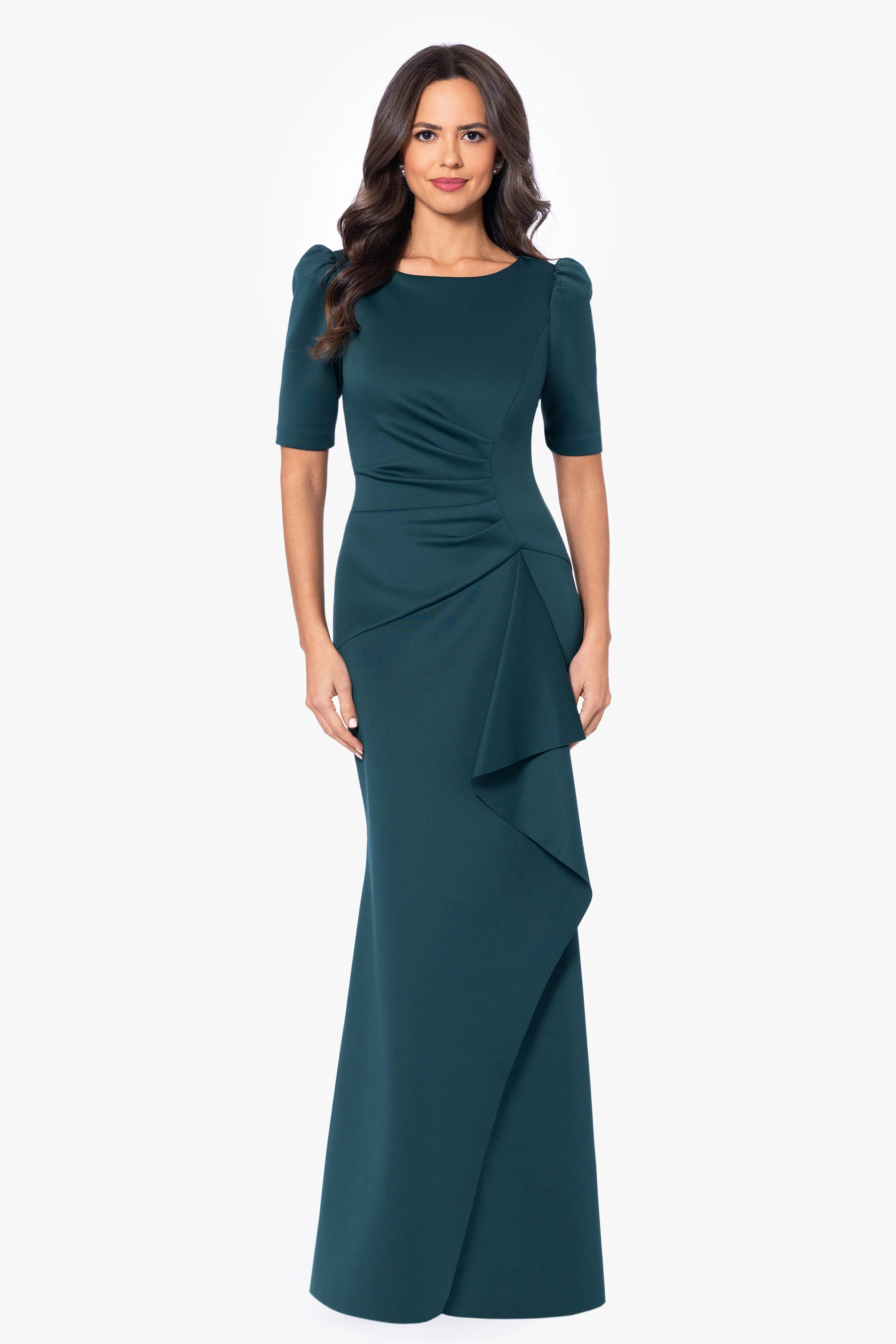 "Demi" Scuba Short Sleeve Side Ruched Floor Length Gown - Image 3