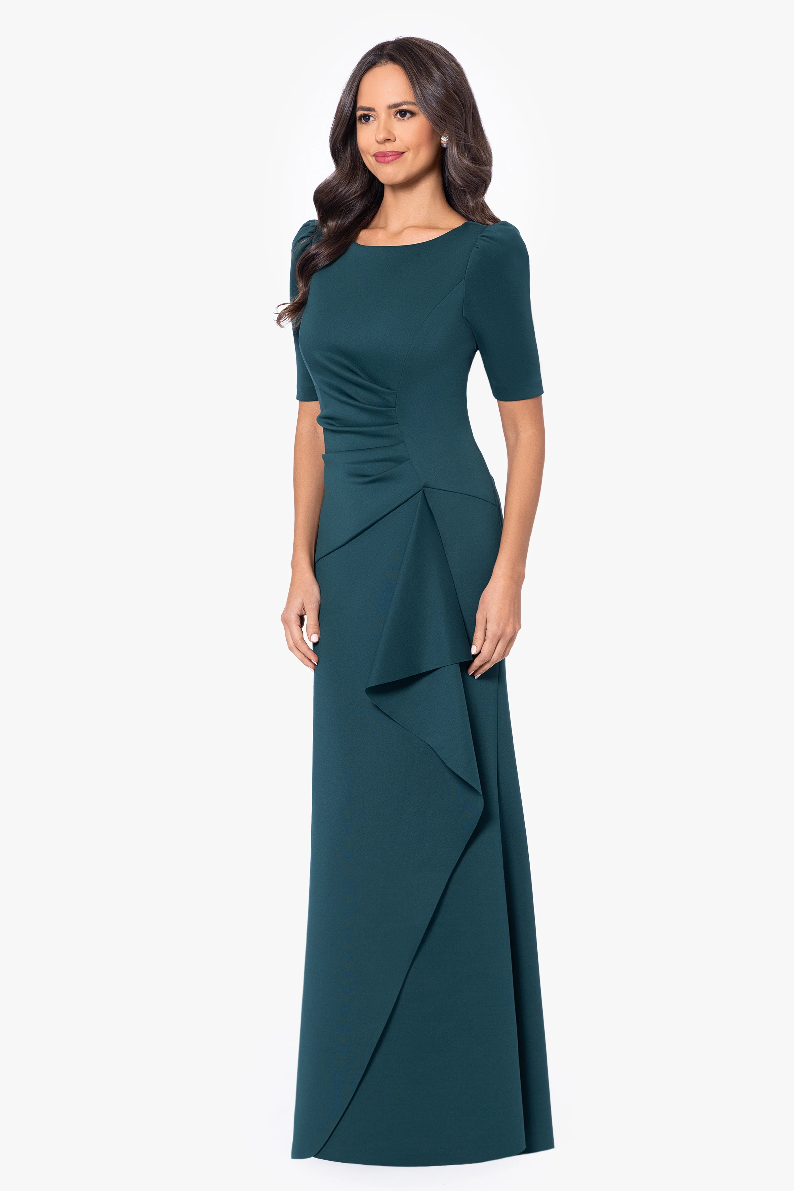 "Demi" Scuba Short Sleeve Side Ruched Floor Length Gown - Image 6