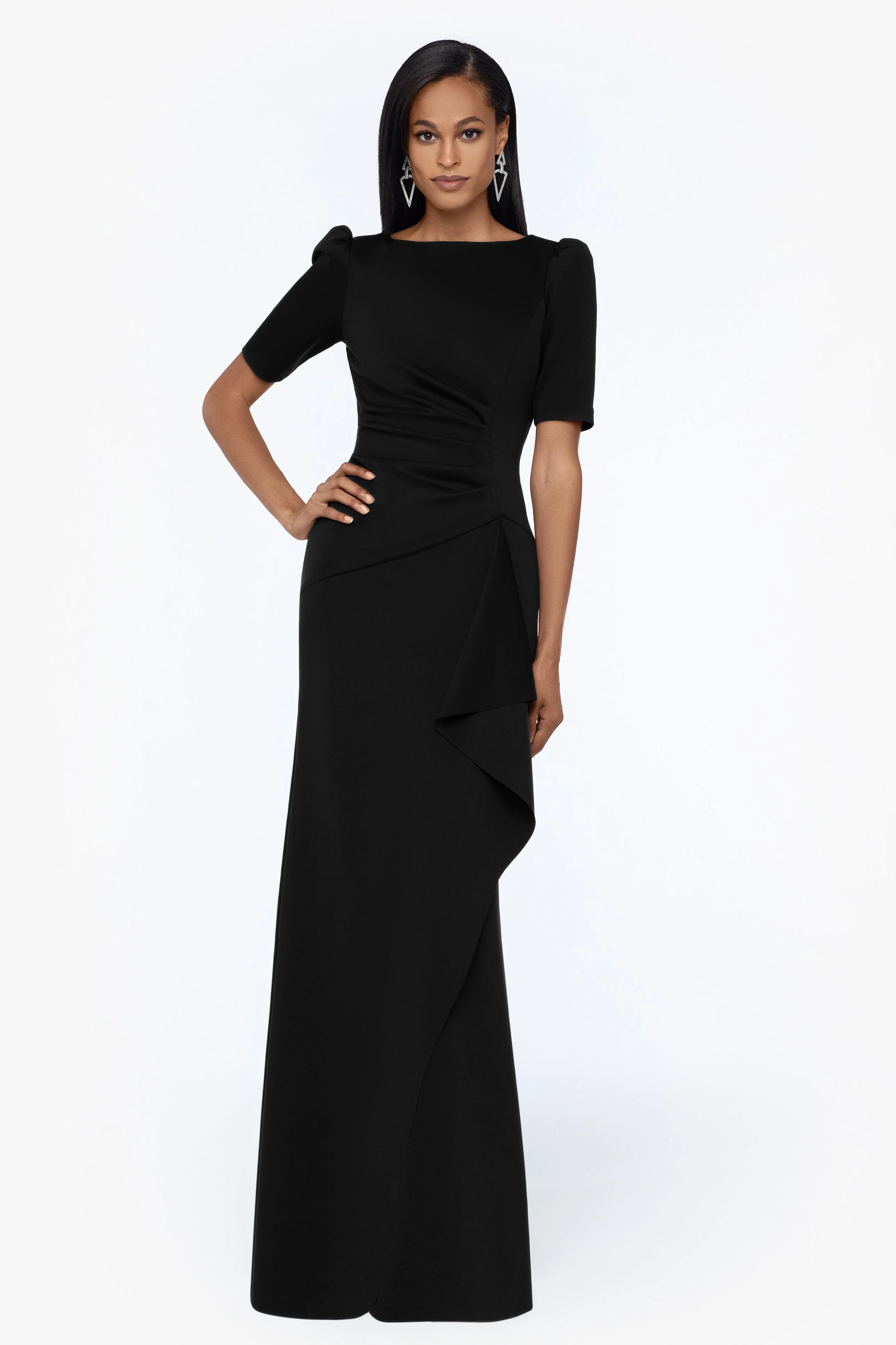 "Demi" Scuba Short Sleeve Side Ruched Floor Length Gown - Image 9
