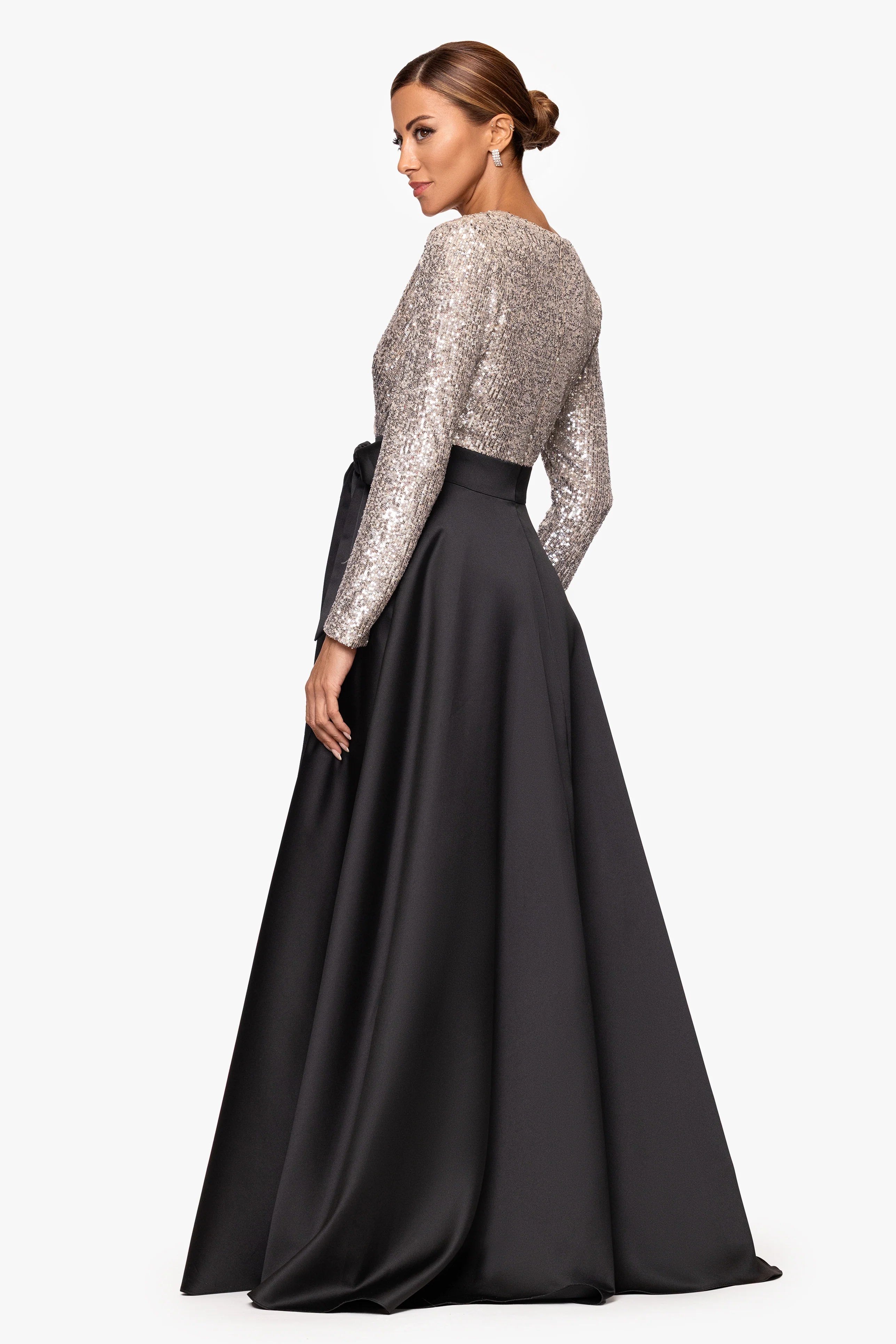 "Dixie" V-Neck Long Sleeve Sequin Top Waistband with Bow Gown - Image 3