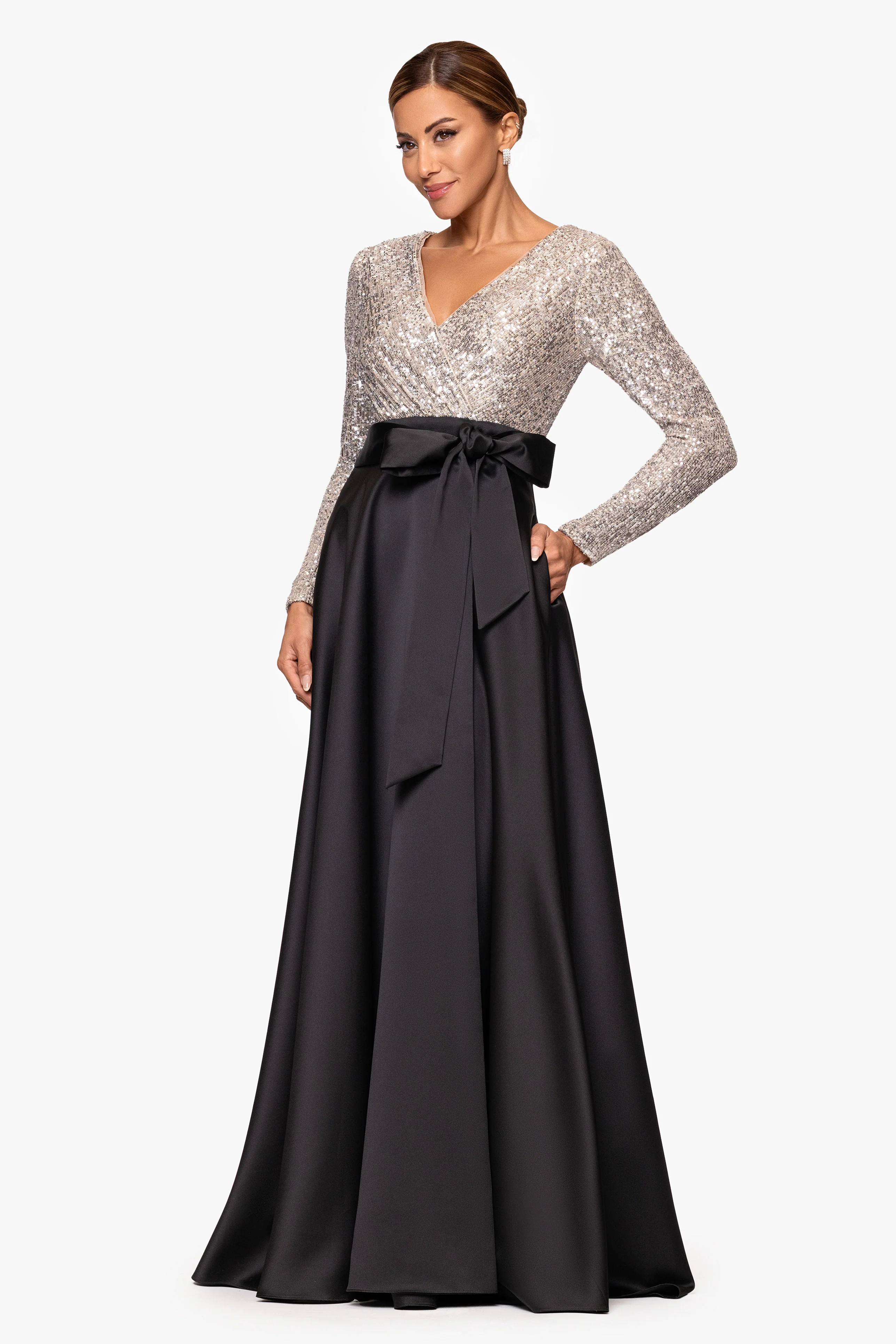 "Dixie" V-Neck Long Sleeve Sequin Top Waistband with Bow Gown - Image 4