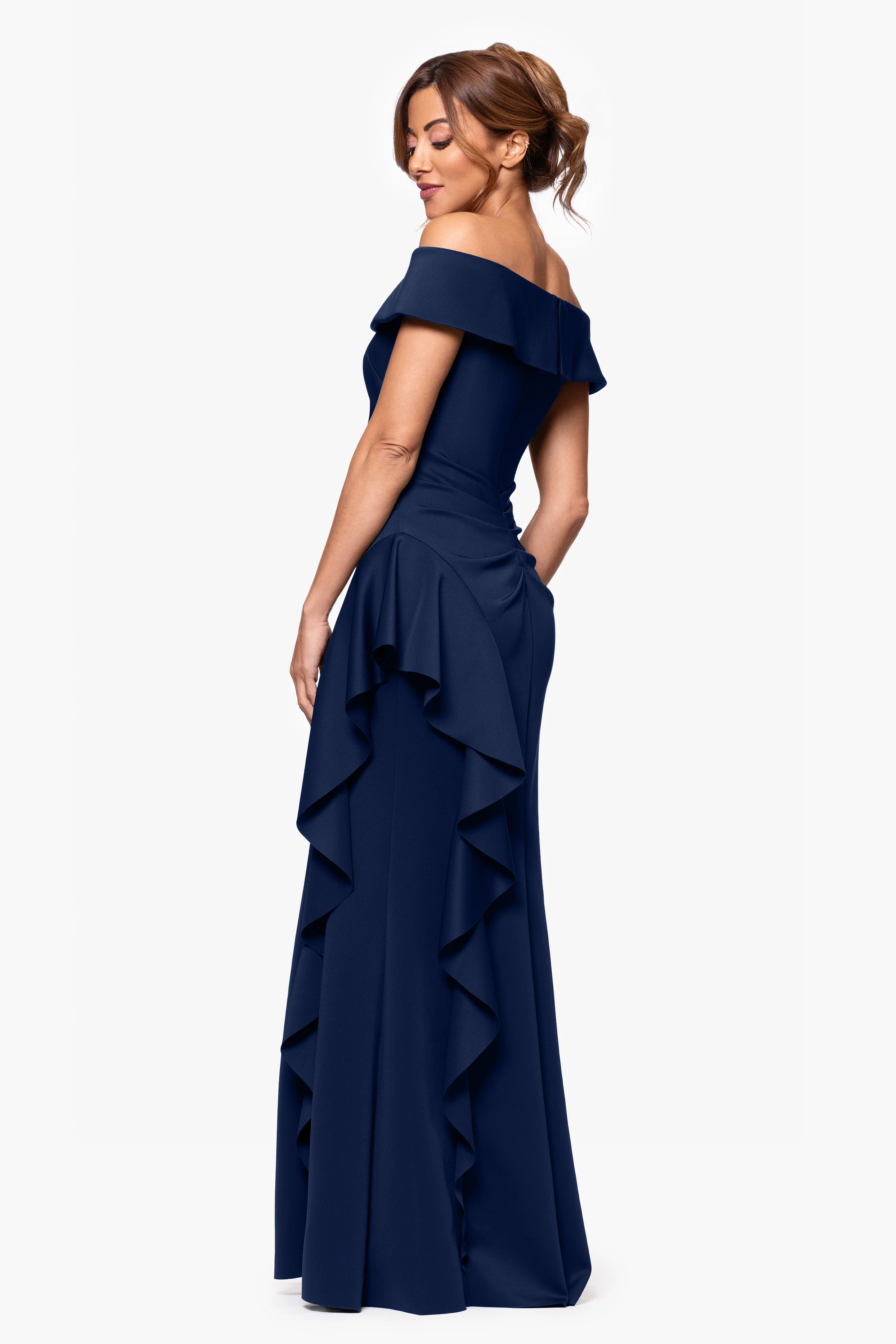 "Dolly" Techno Scuba Off the Shoulder Ruffle Floor Length Dress - Image 10