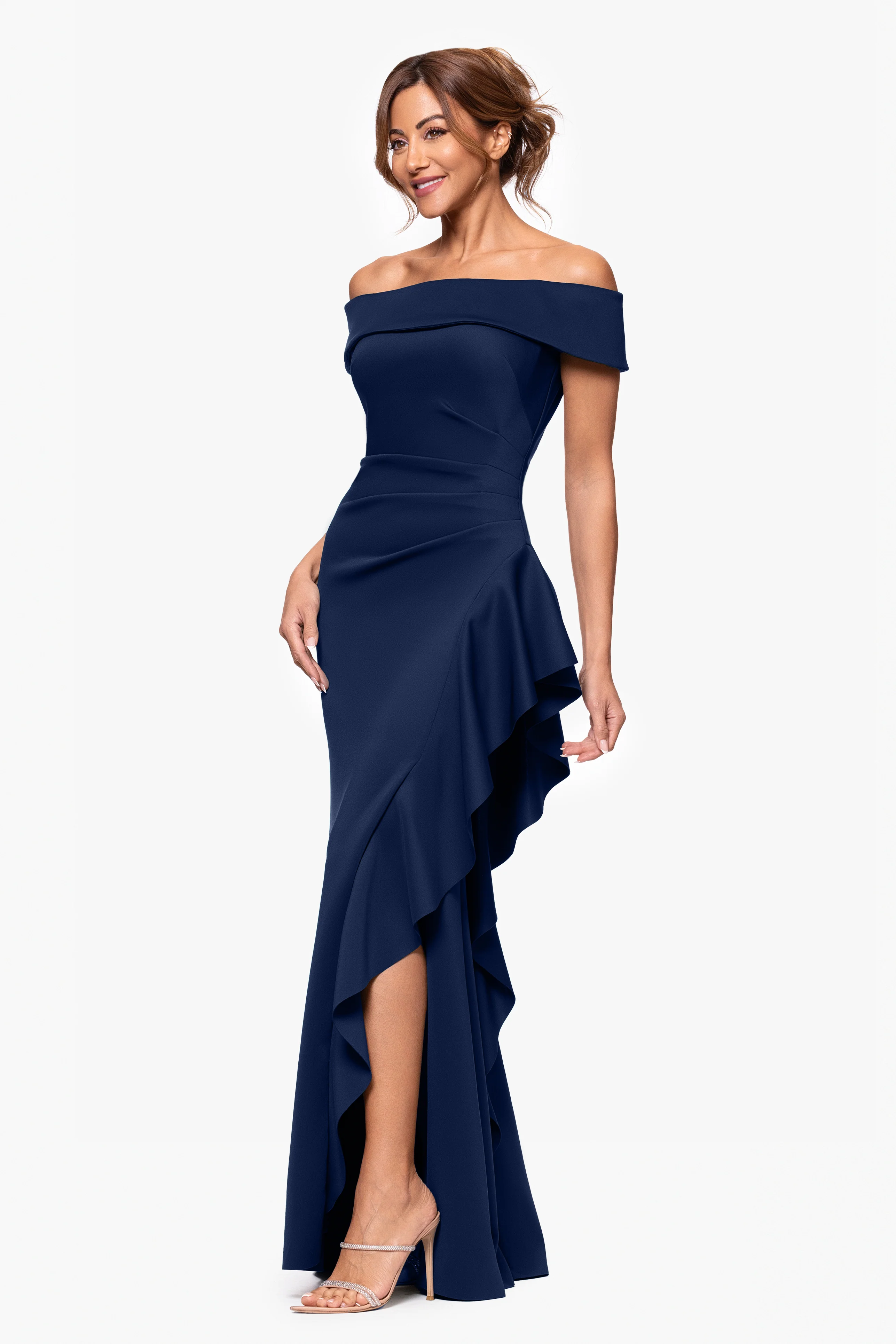 "Dolly" Techno Scuba Off the Shoulder Ruffle Floor Length Dress - Image 11