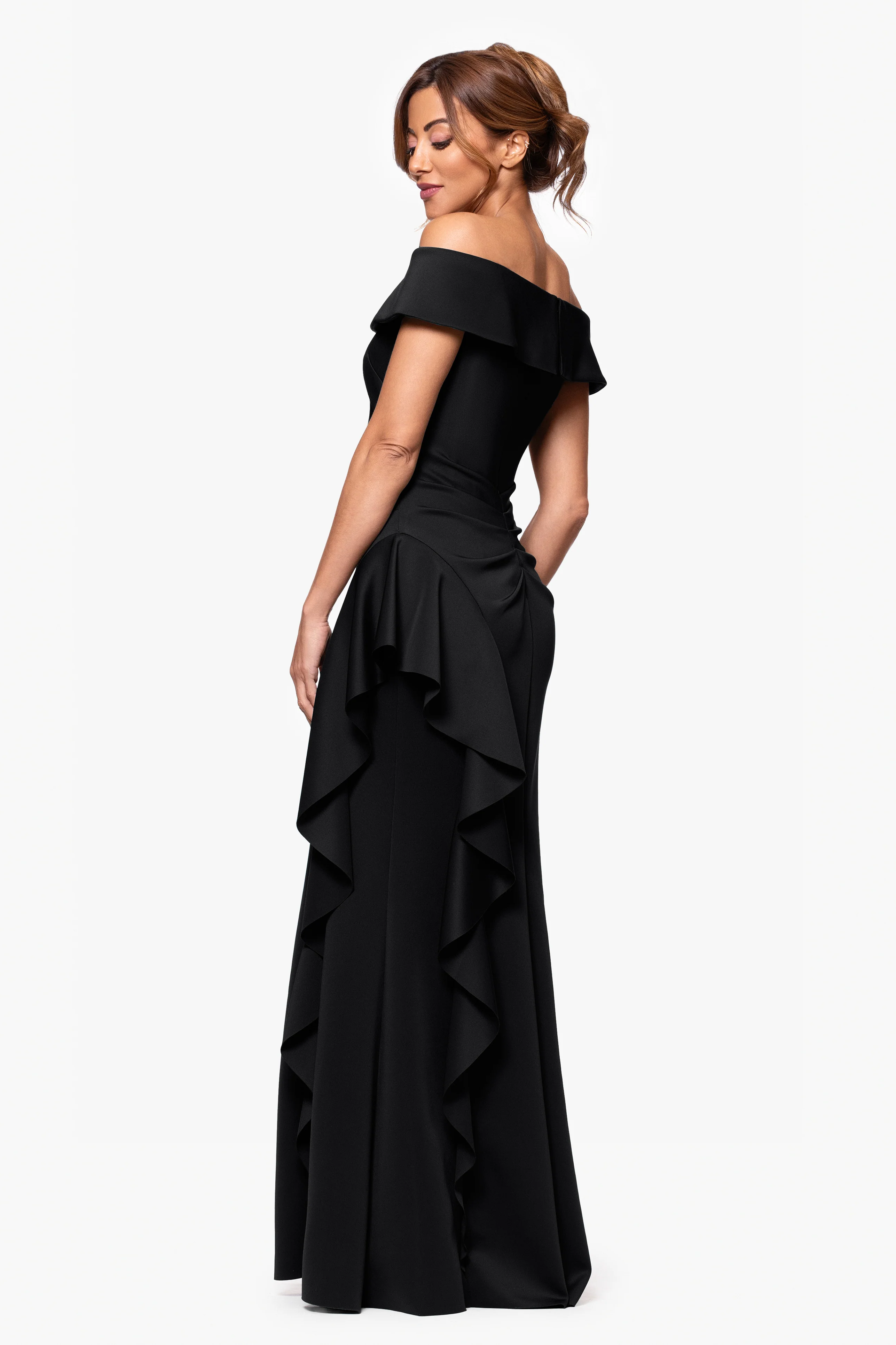 "Dolly" Techno Scuba Off the Shoulder Ruffle Floor Length Dress - Image 15