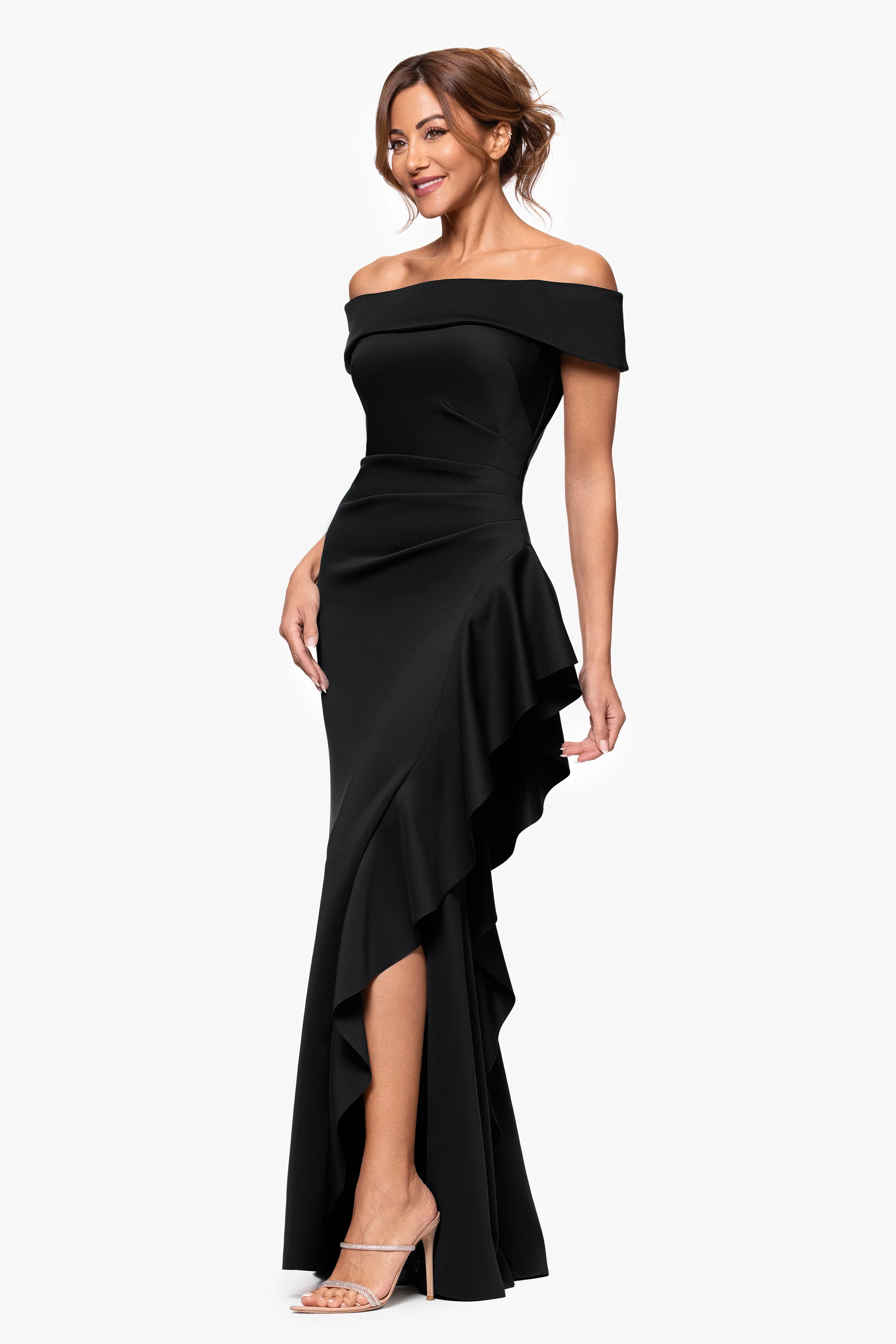 "Dolly" Techno Scuba Off the Shoulder Ruffle Floor Length Dress - Image 16