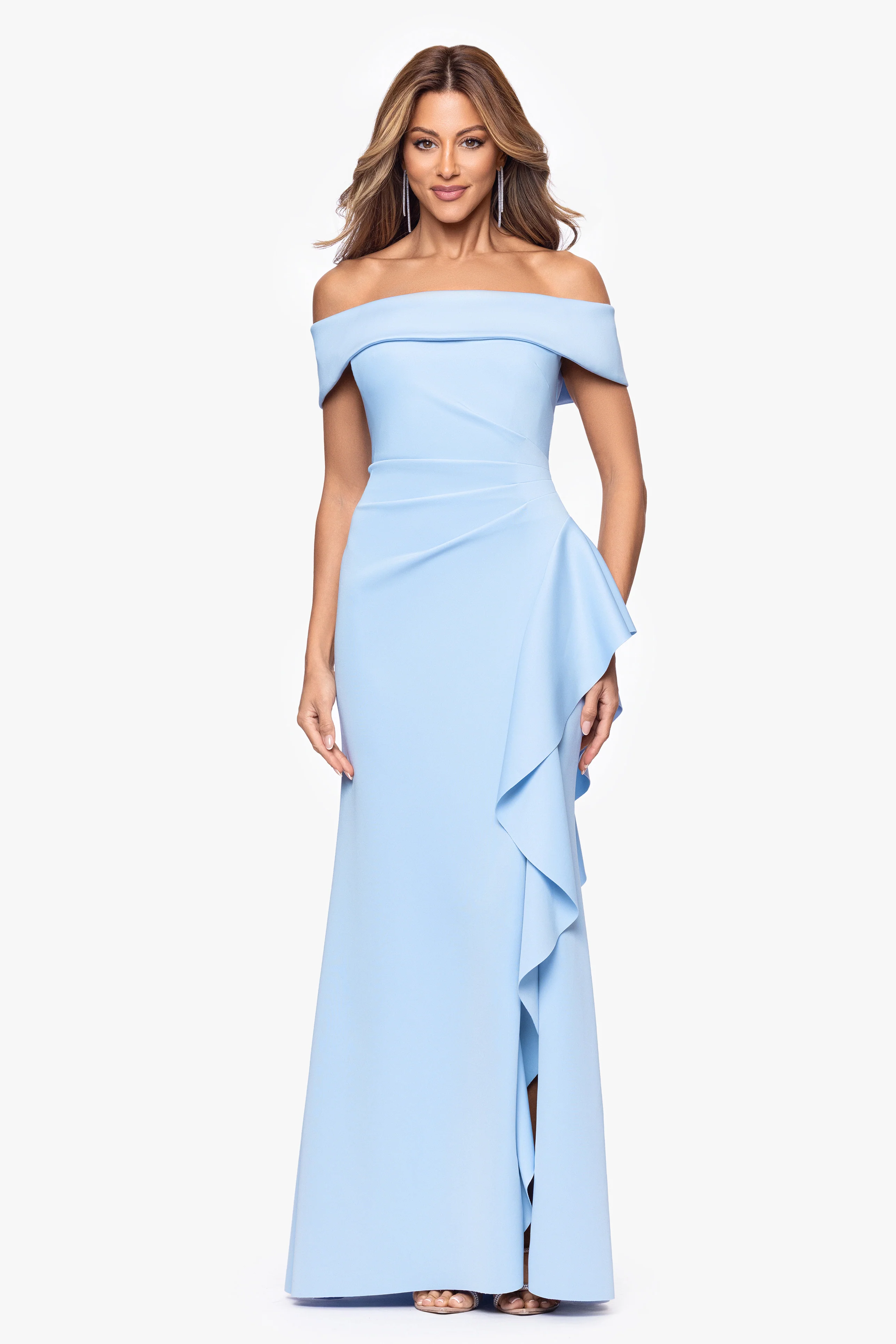 "Dolly" Techno Scuba Off the Shoulder Ruffle Floor Length Dress - Image 23