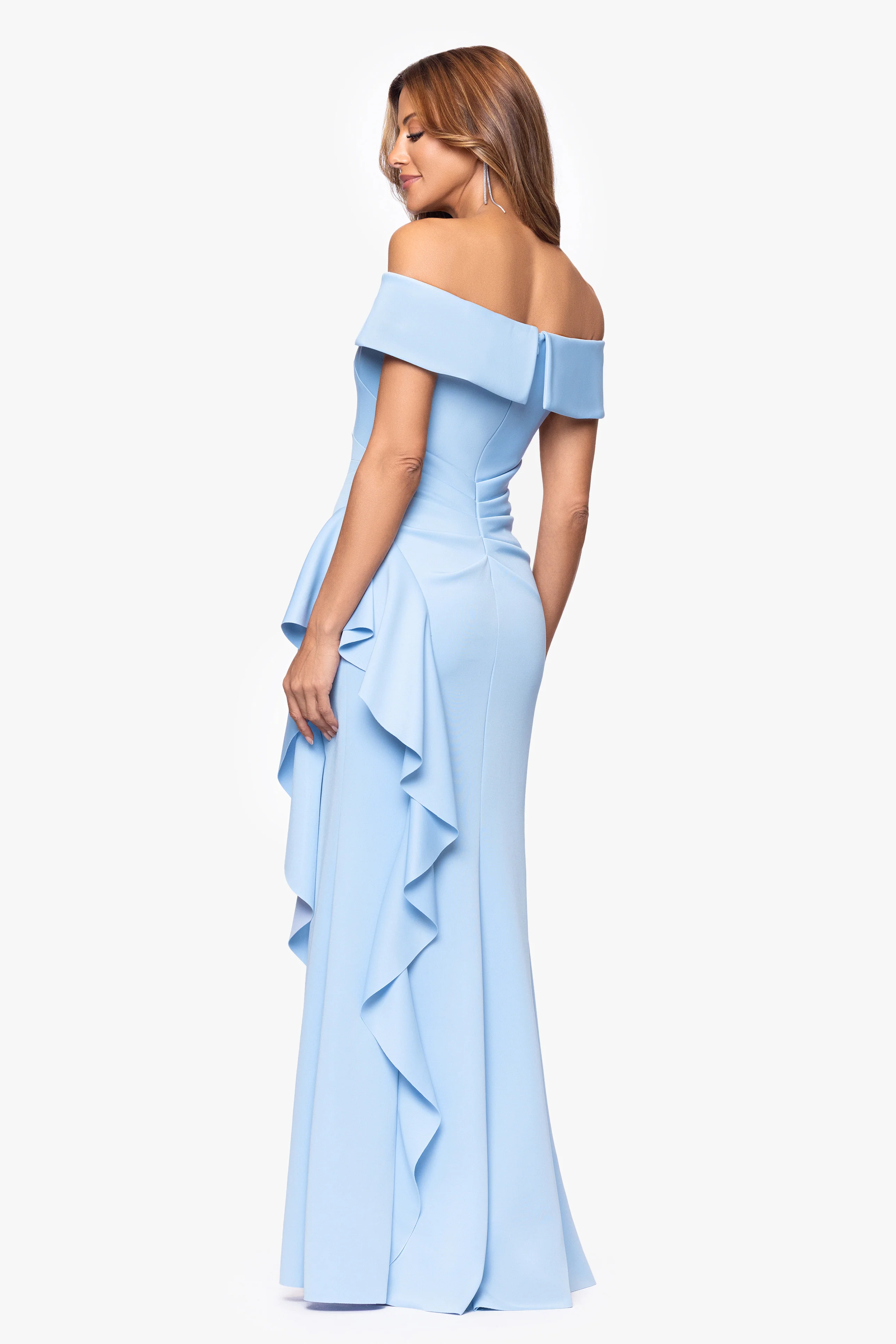 "Dolly" Techno Scuba Off the Shoulder Ruffle Floor Length Dress - Image 25
