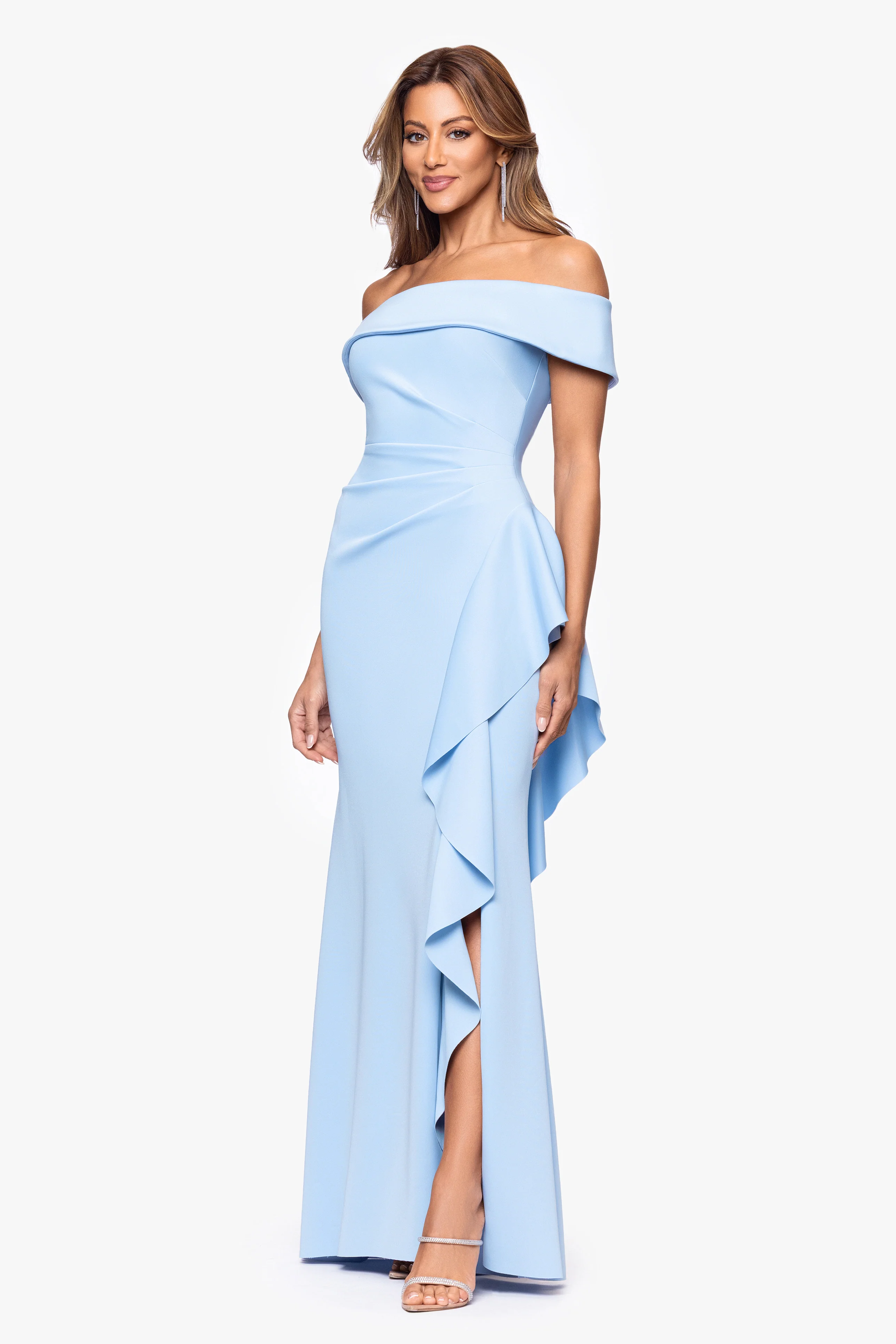 "Dolly" Techno Scuba Off the Shoulder Ruffle Floor Length Dress - Image 26