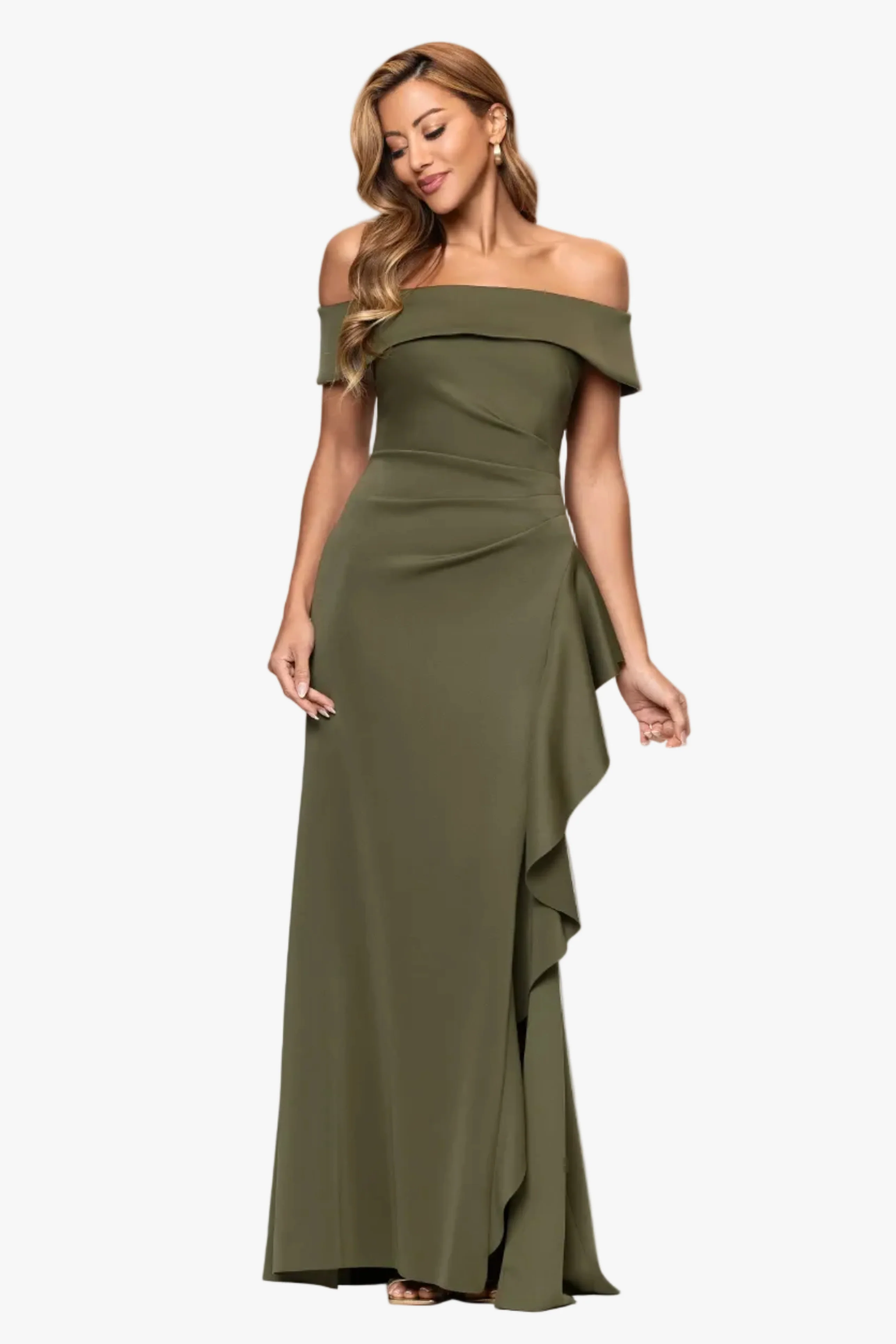 "Dolly" Techno Scuba Off the Shoulder Ruffle Floor Length Dress - Image 28