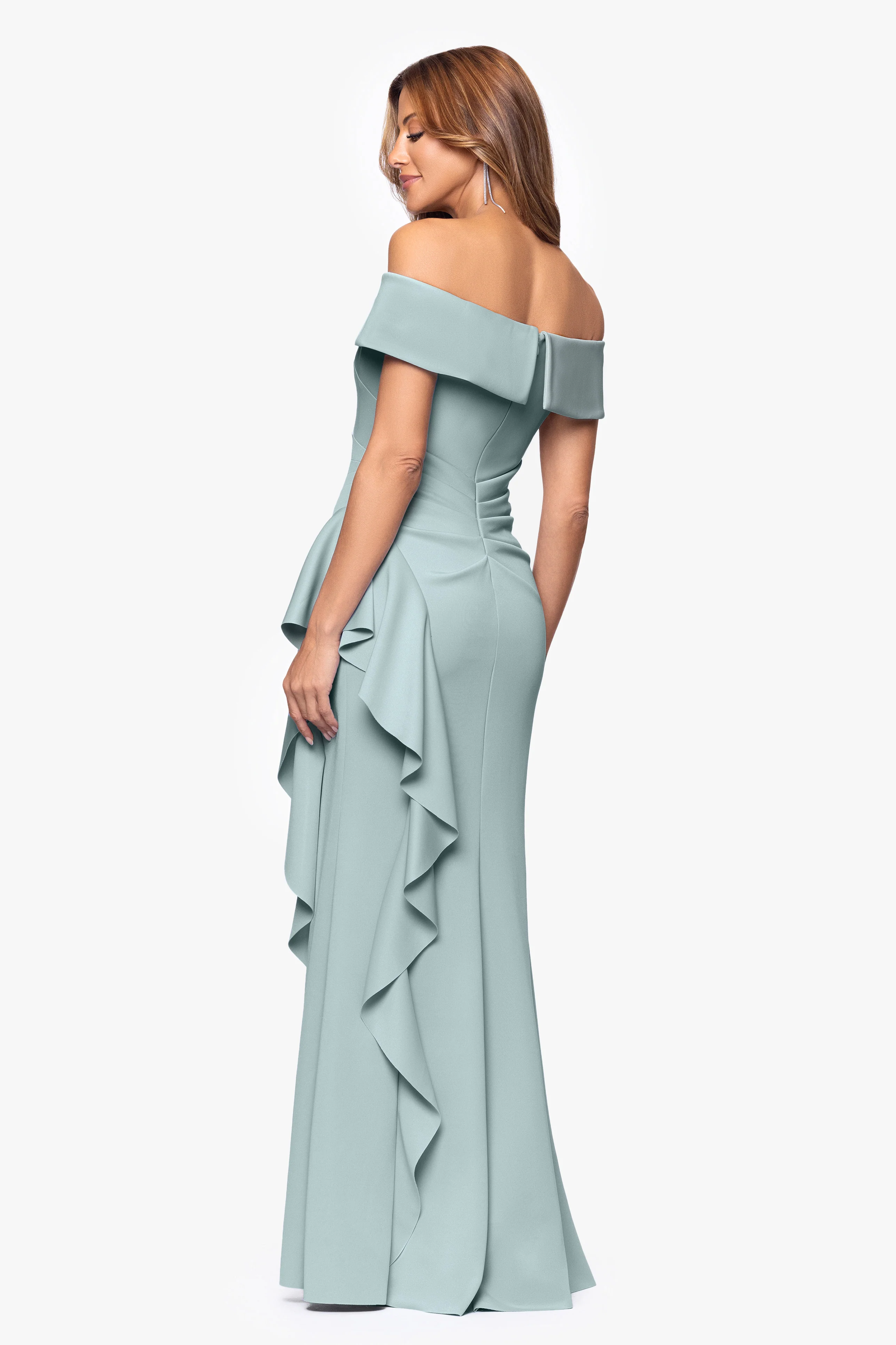 "Dolly" Techno Scuba Off the Shoulder Ruffle Floor Length Dress - Image 20