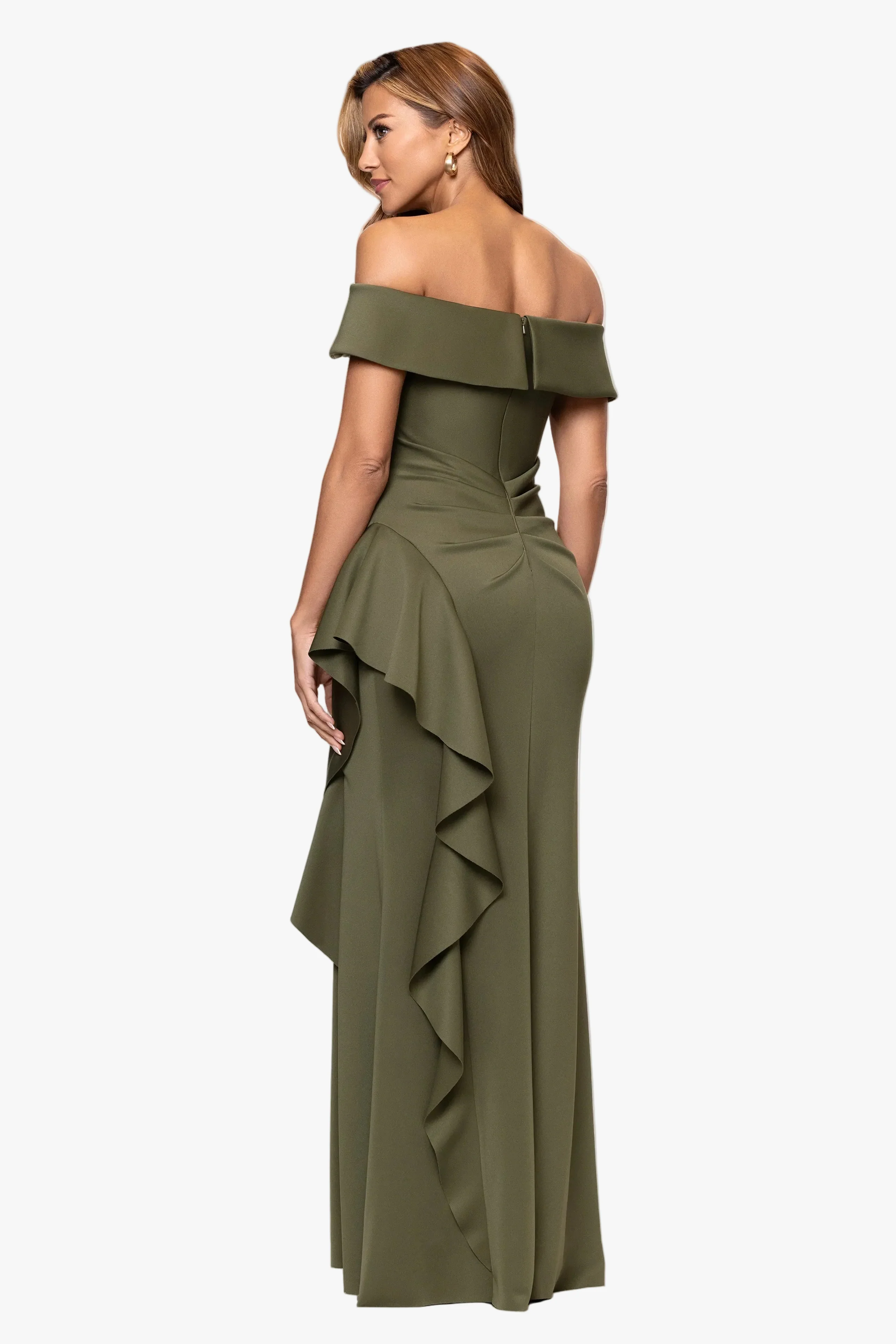 "Dolly" Techno Scuba Off the Shoulder Ruffle Floor Length Dress - Image 30