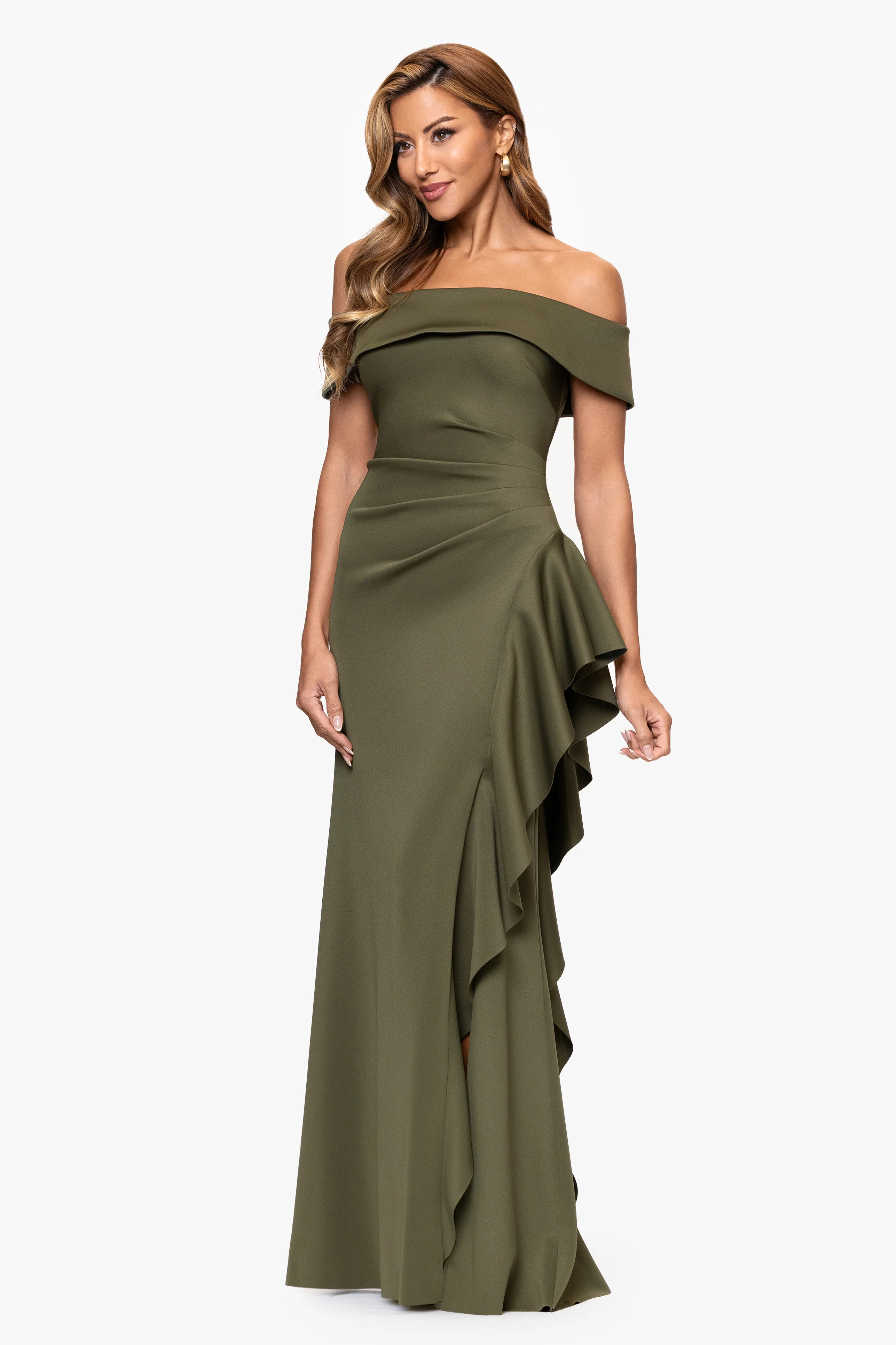 "Dolly" Techno Scuba Off the Shoulder Ruffle Floor Length Dress - Image 31