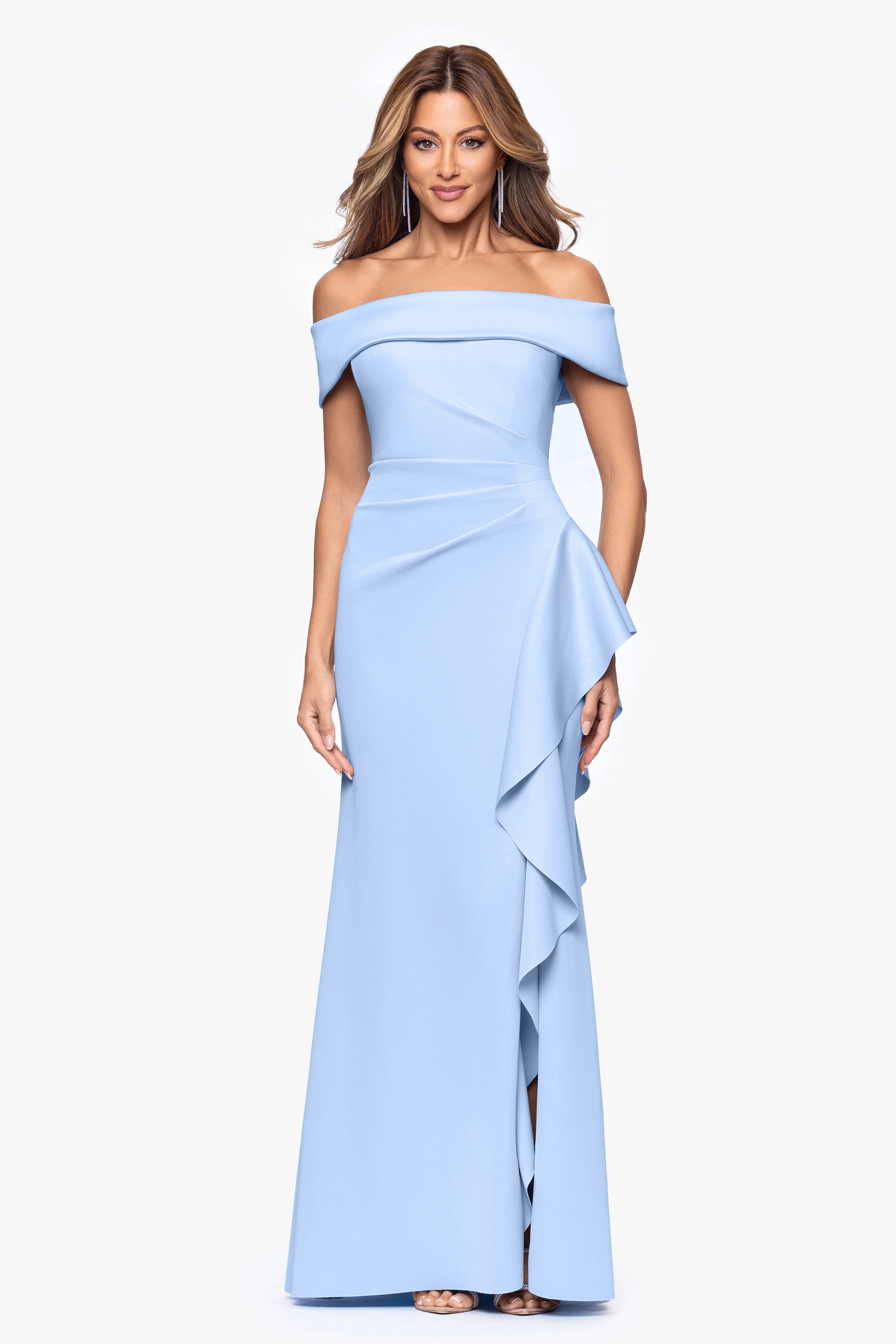 "Dolly" Techno Scuba Off the Shoulder Ruffle Floor Length Dress - Image 28