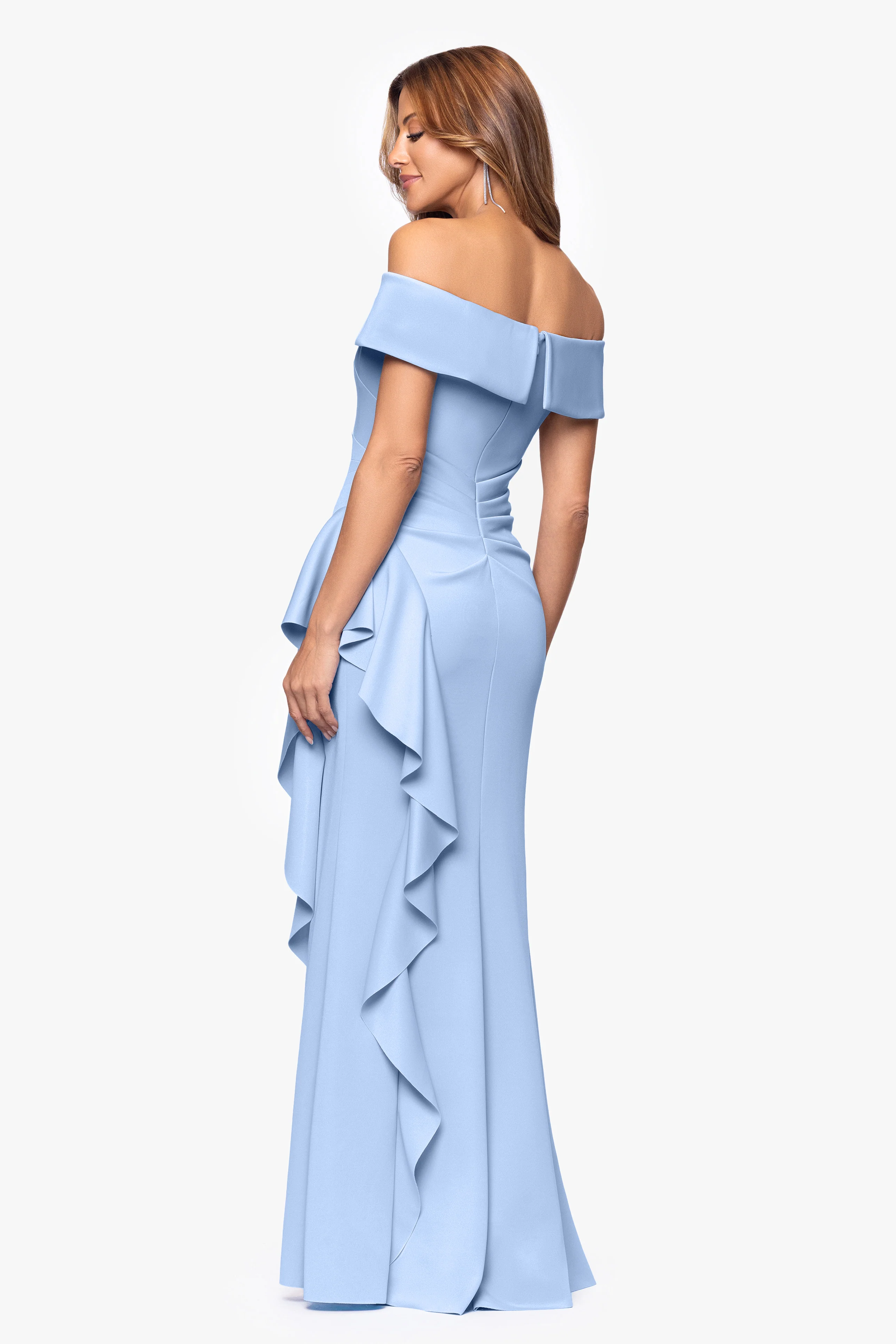 "Dolly" Techno Scuba Off the Shoulder Ruffle Floor Length Dress - Image 30