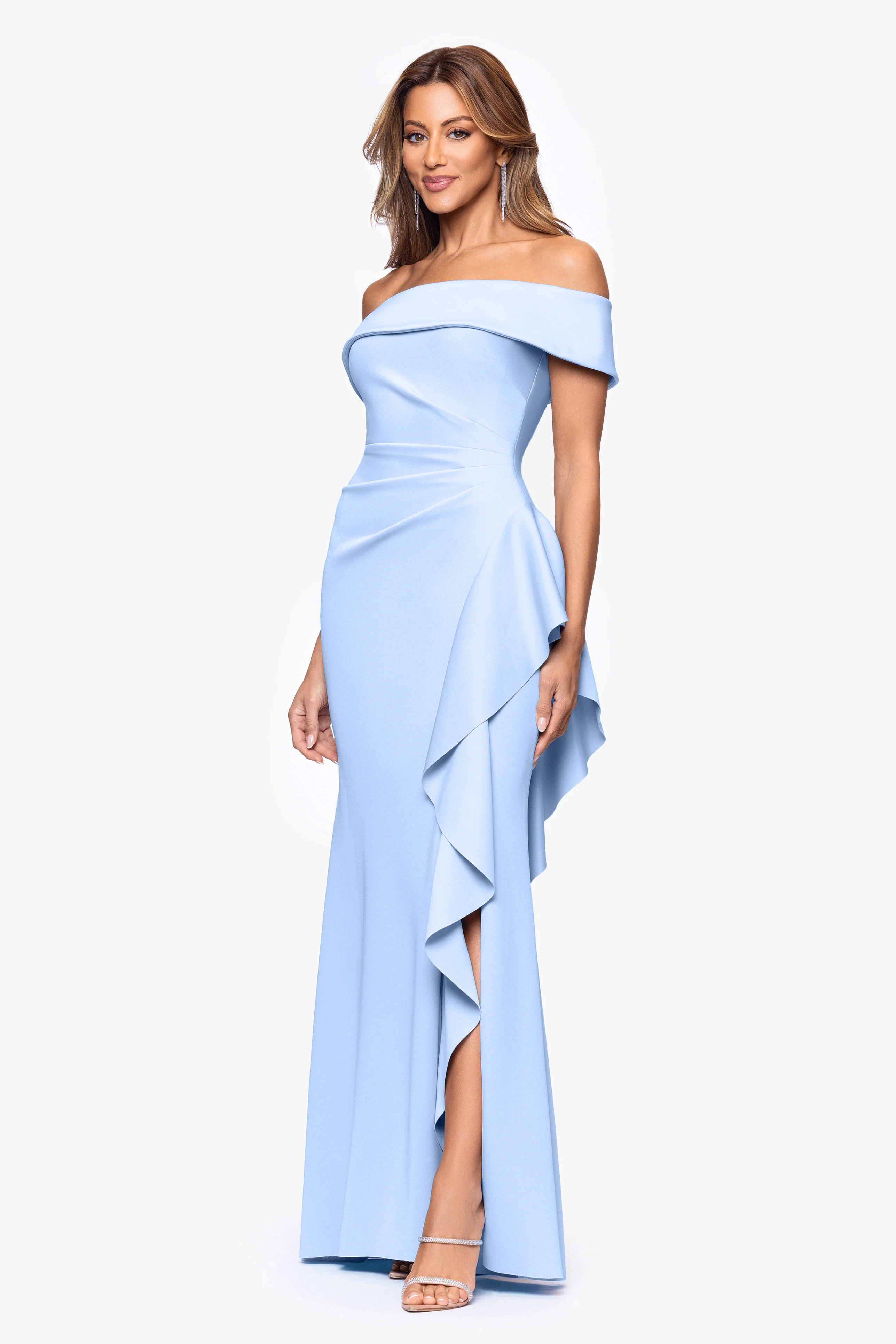 "Dolly" Techno Scuba Off the Shoulder Ruffle Floor Length Dress - Image 31