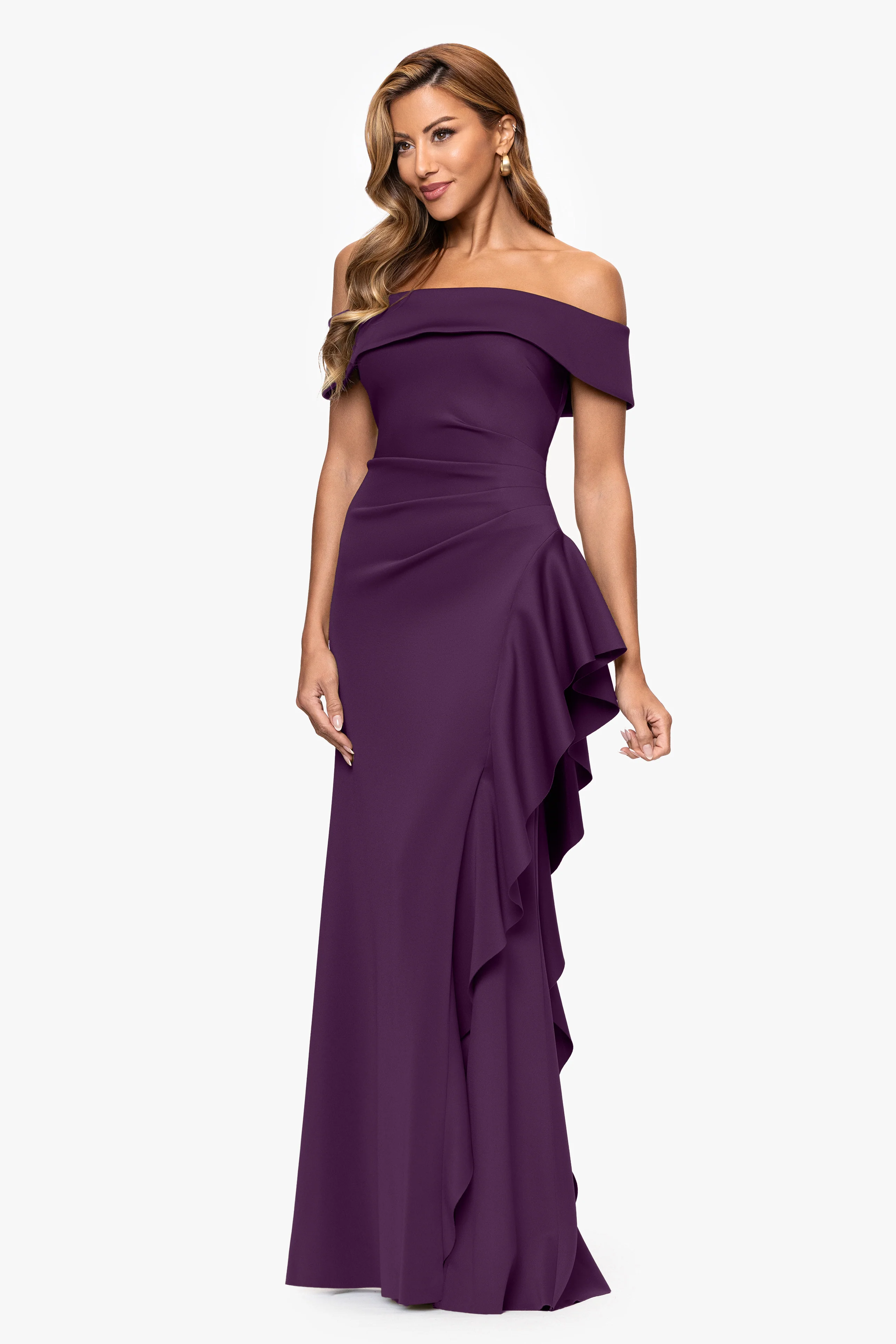 "Dolly" Techno Scuba Off the Shoulder Ruffle Floor Length Dress - Image 36