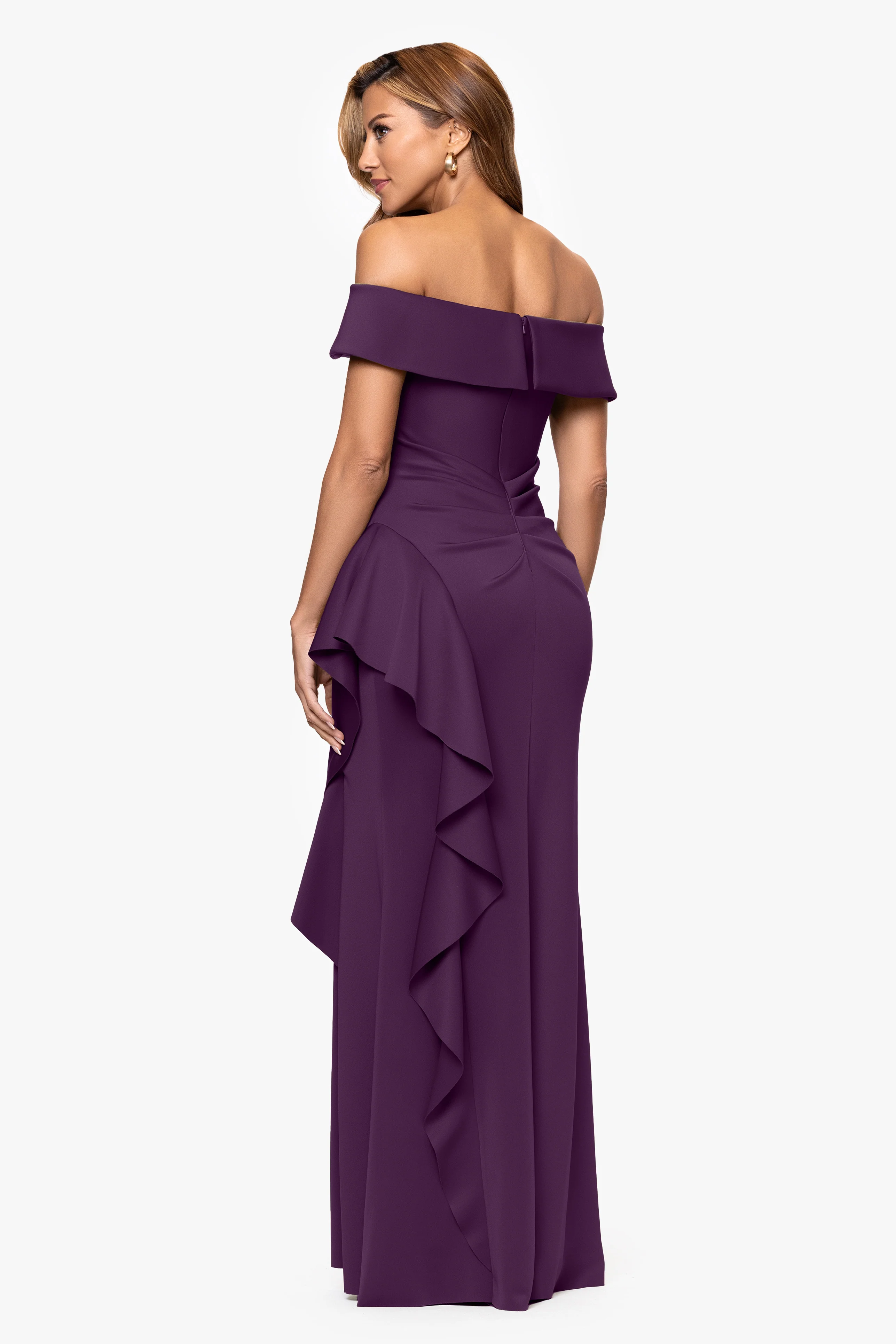 "Dolly" Techno Scuba Off the Shoulder Ruffle Floor Length Dress - Image 35