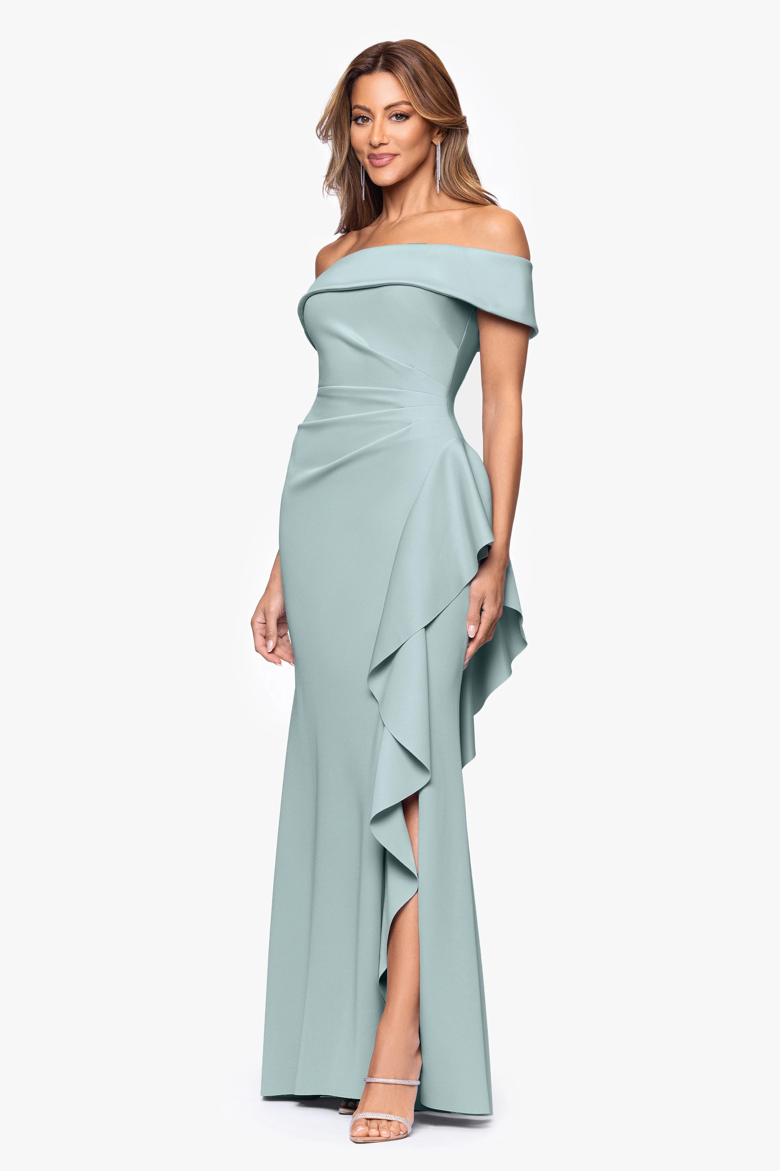 "Dolly" Techno Scuba Off the Shoulder Ruffle Floor Length Dress - Image 21