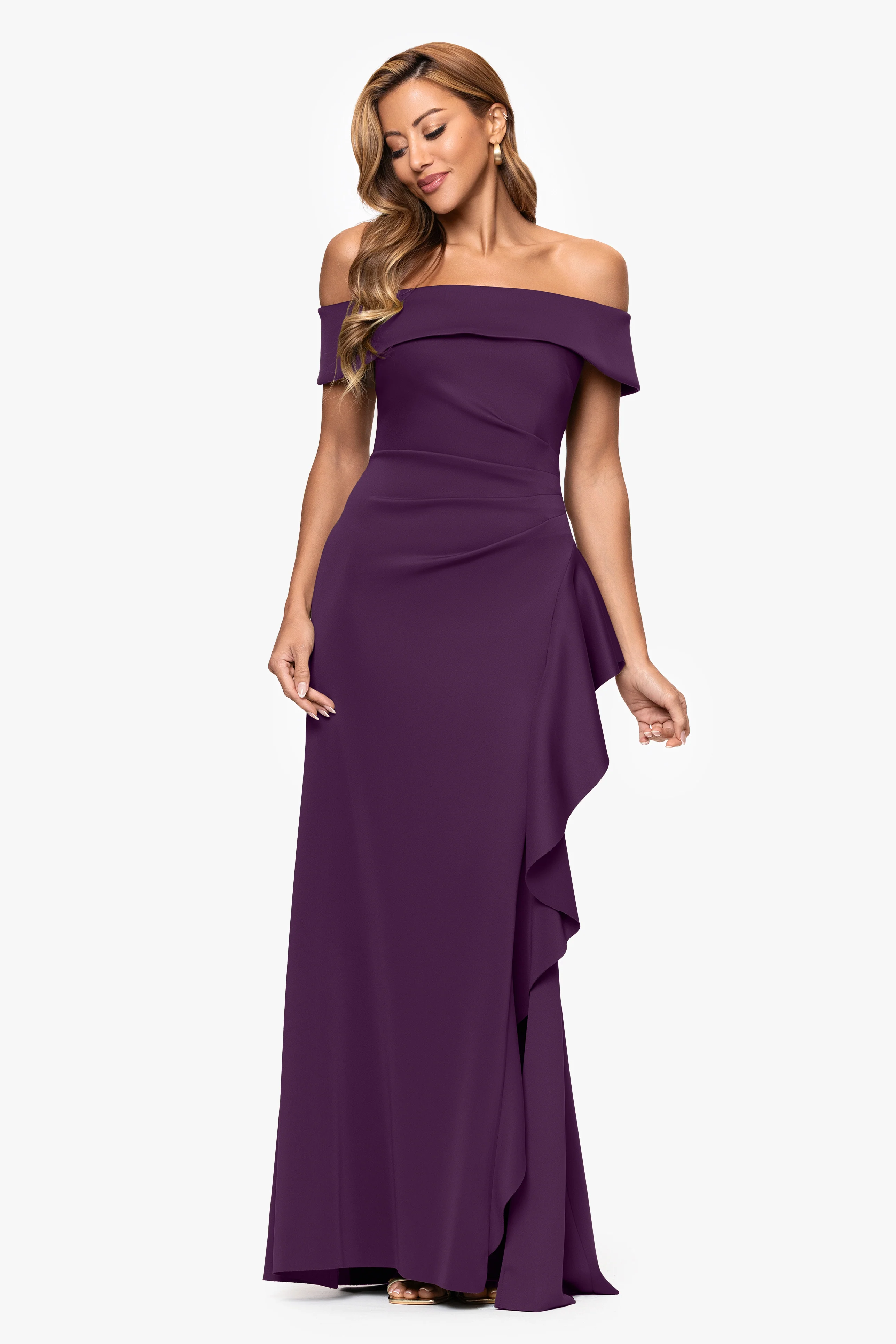 "Dolly" Techno Scuba Off the Shoulder Ruffle Floor Length Dress - Image 33