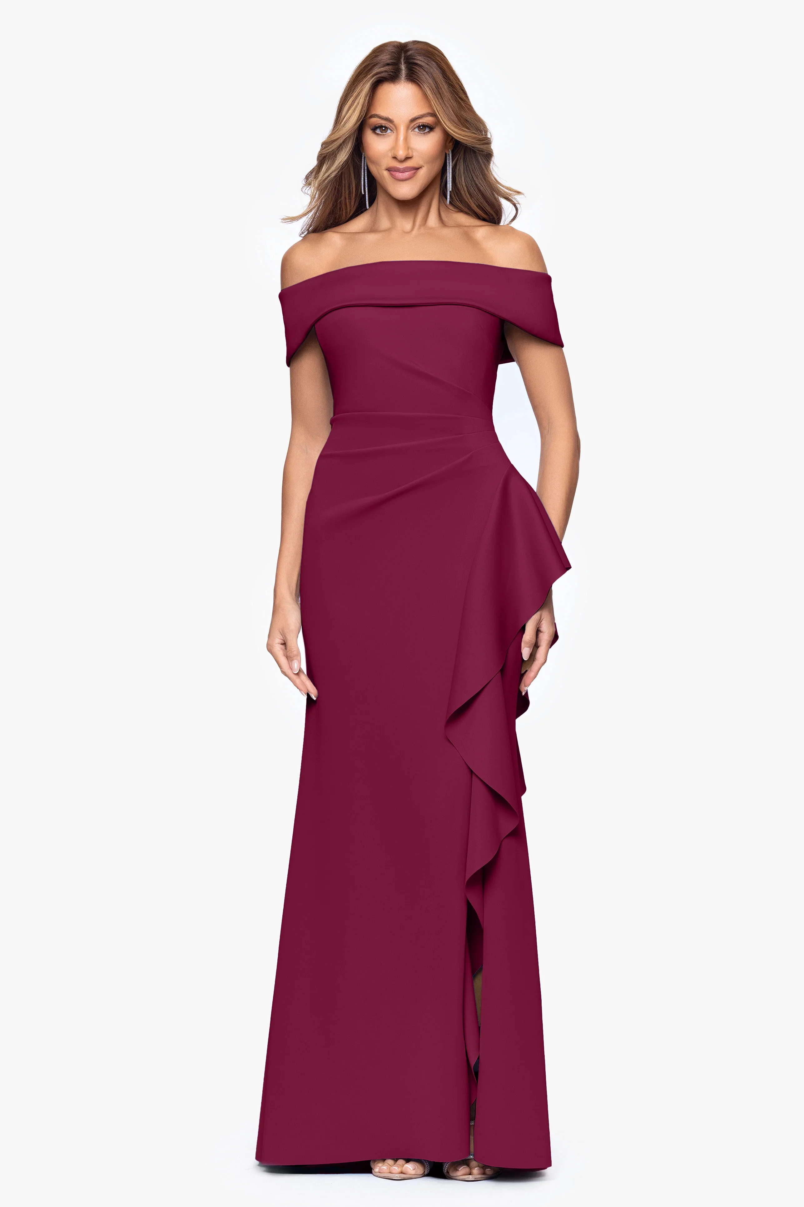 "Dolly" Techno Scuba Off the Shoulder Ruffle Floor Length Dress - Image 38