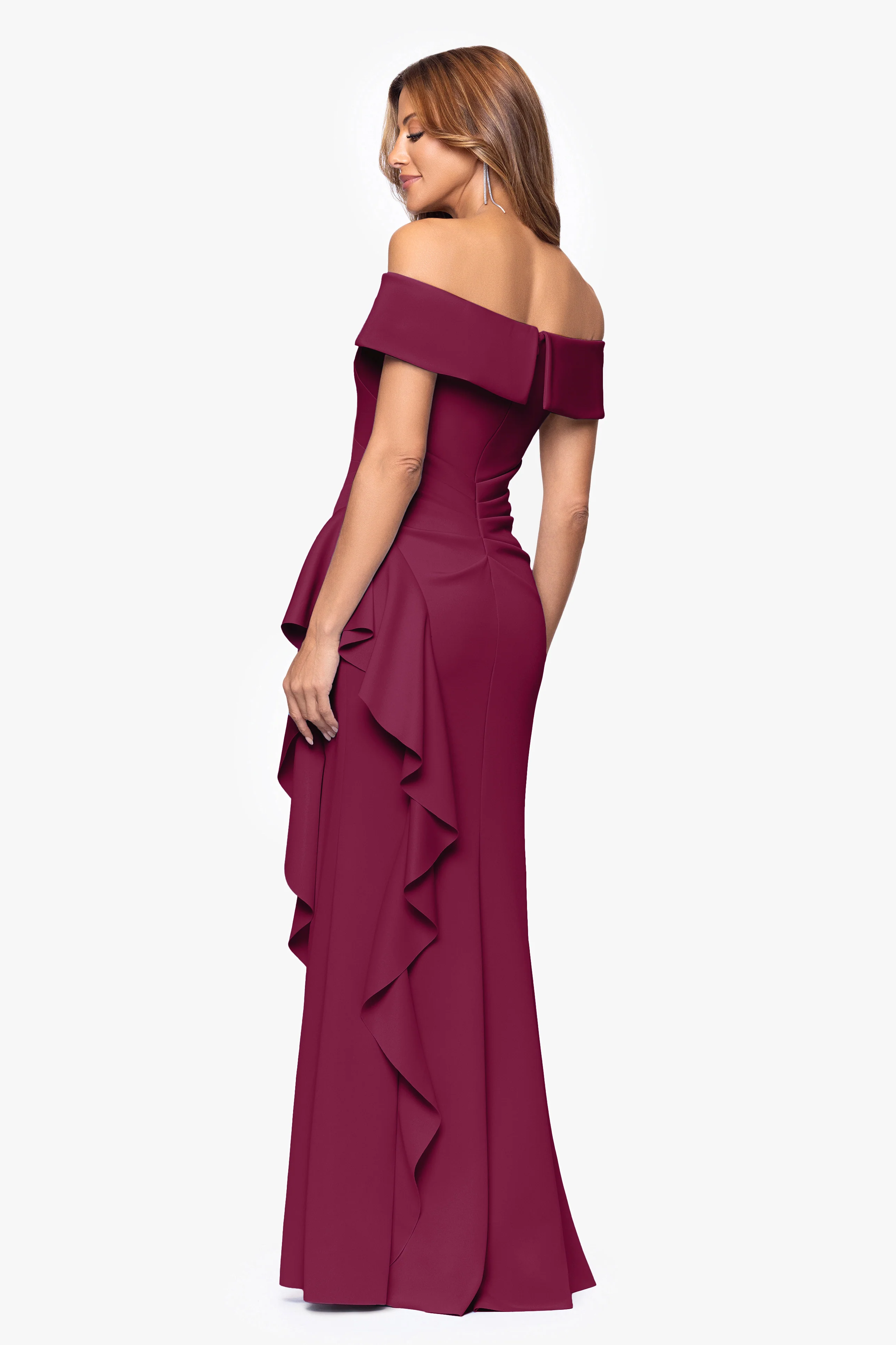 "Dolly" Techno Scuba Off the Shoulder Ruffle Floor Length Dress - Image 40