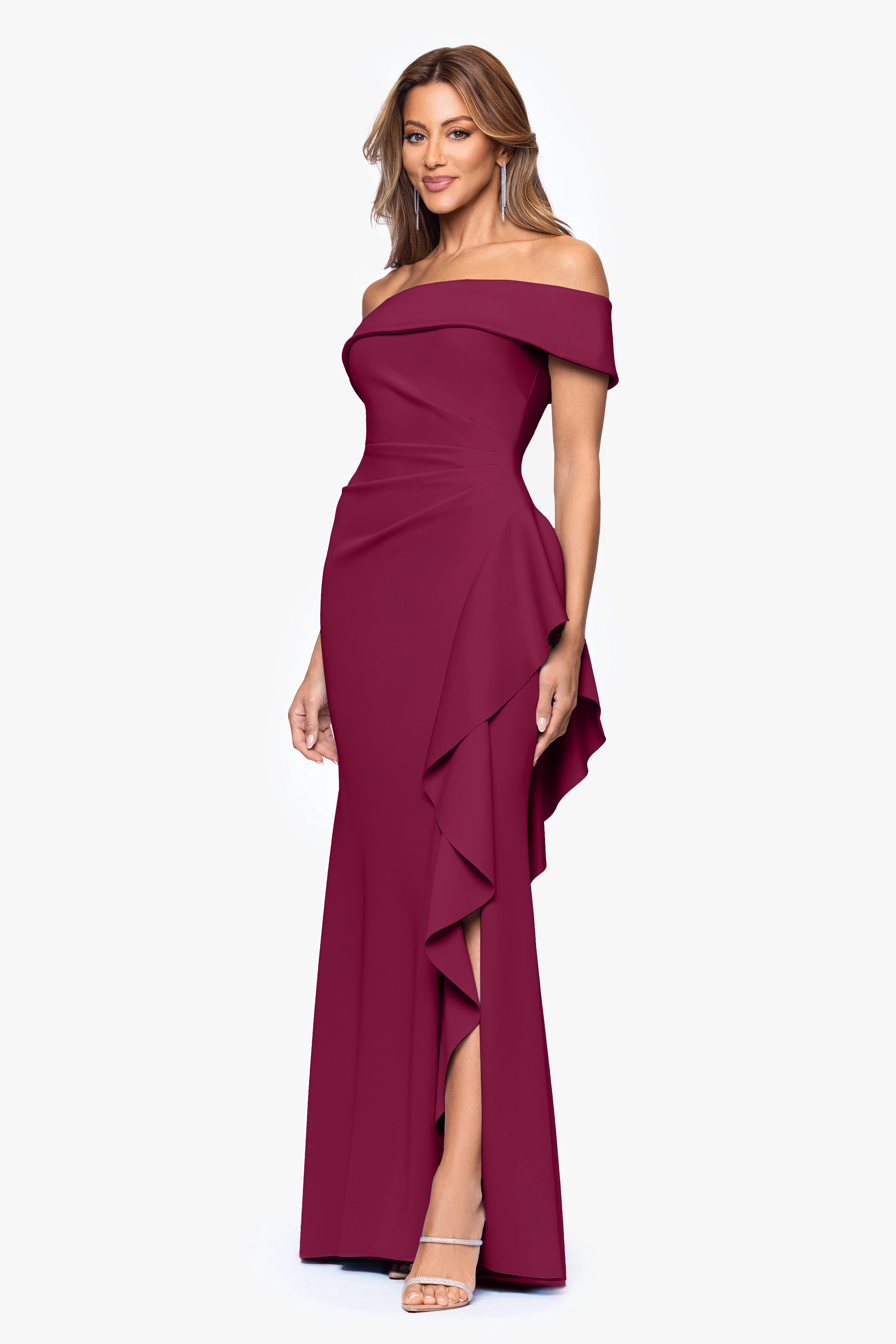 "Dolly" Techno Scuba Off the Shoulder Ruffle Floor Length Dress - Image 41