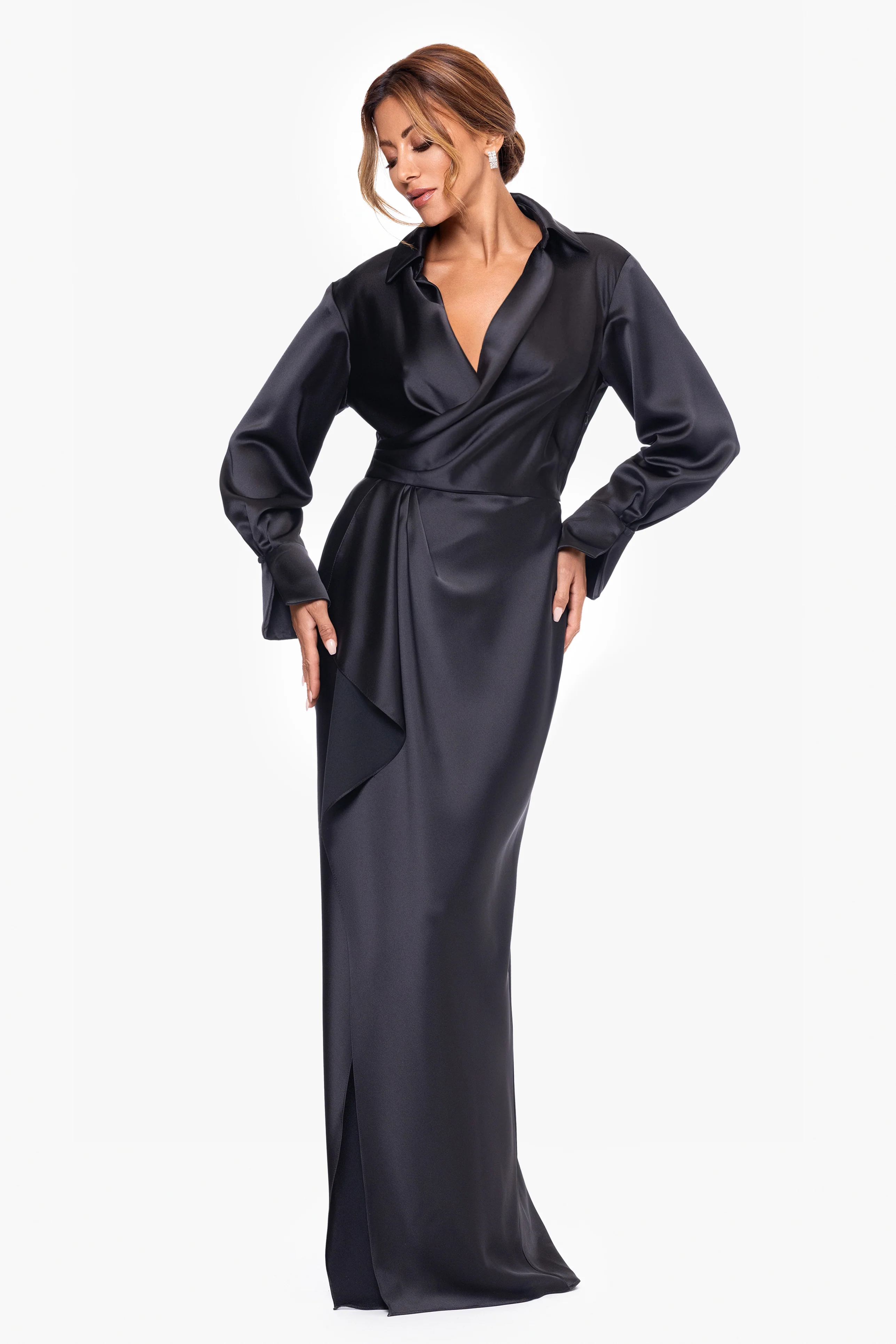 "Emery" Long Satin Long Sleeve Collared Dress - Image 3